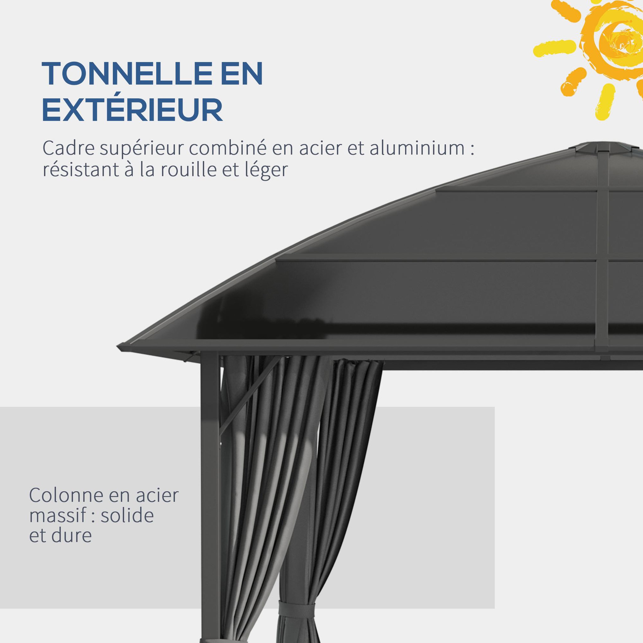 Voir la diapositive 5 : OUTSUNNY Pavillon de jardin barnum rigide dim. 3,05L x 3,05l x 2,7H m 4 rideaux zippés alu. acier polycarbonate noir polyester gris