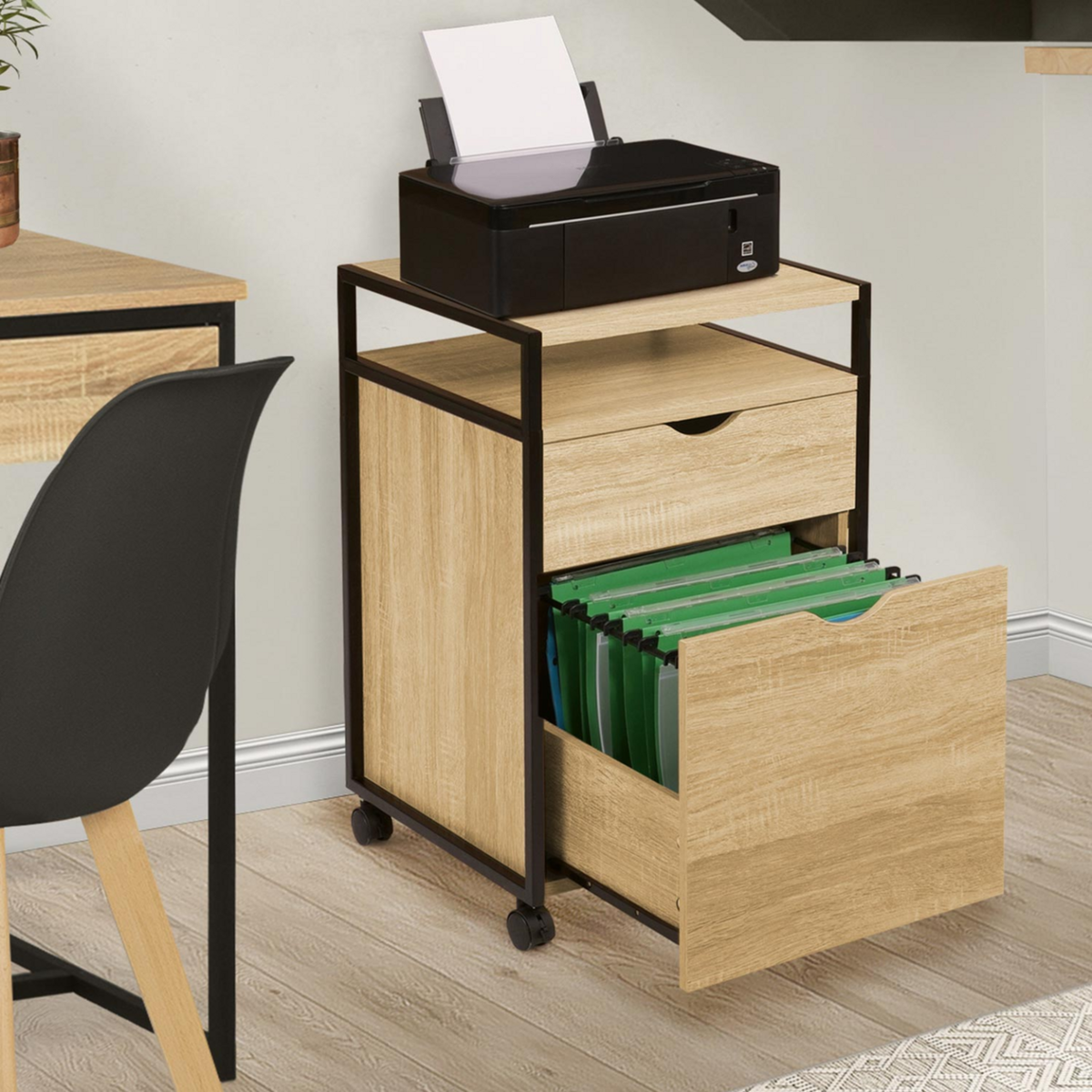 ID MARKET Caisson de bureau support imprimante DETROIT 2 tiroirs design industriel