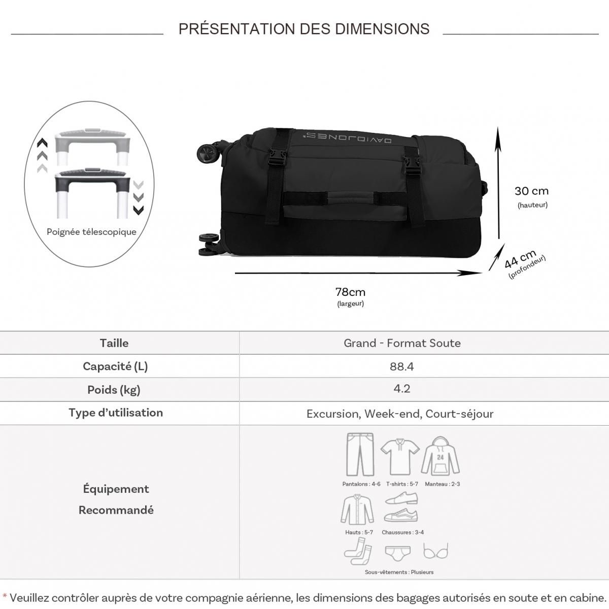 David Jones Sac de voyage à roulettes 88L simple compartiment 78cm