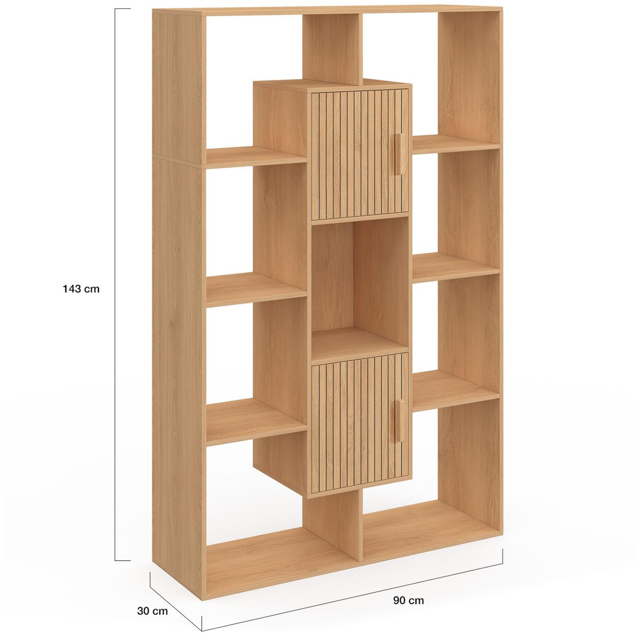 Voir la diapositive 5 : ID MARKET Etagère bibliothèque colette avec 11 compartiments et 2 cases juliette effet lattes 143 cm