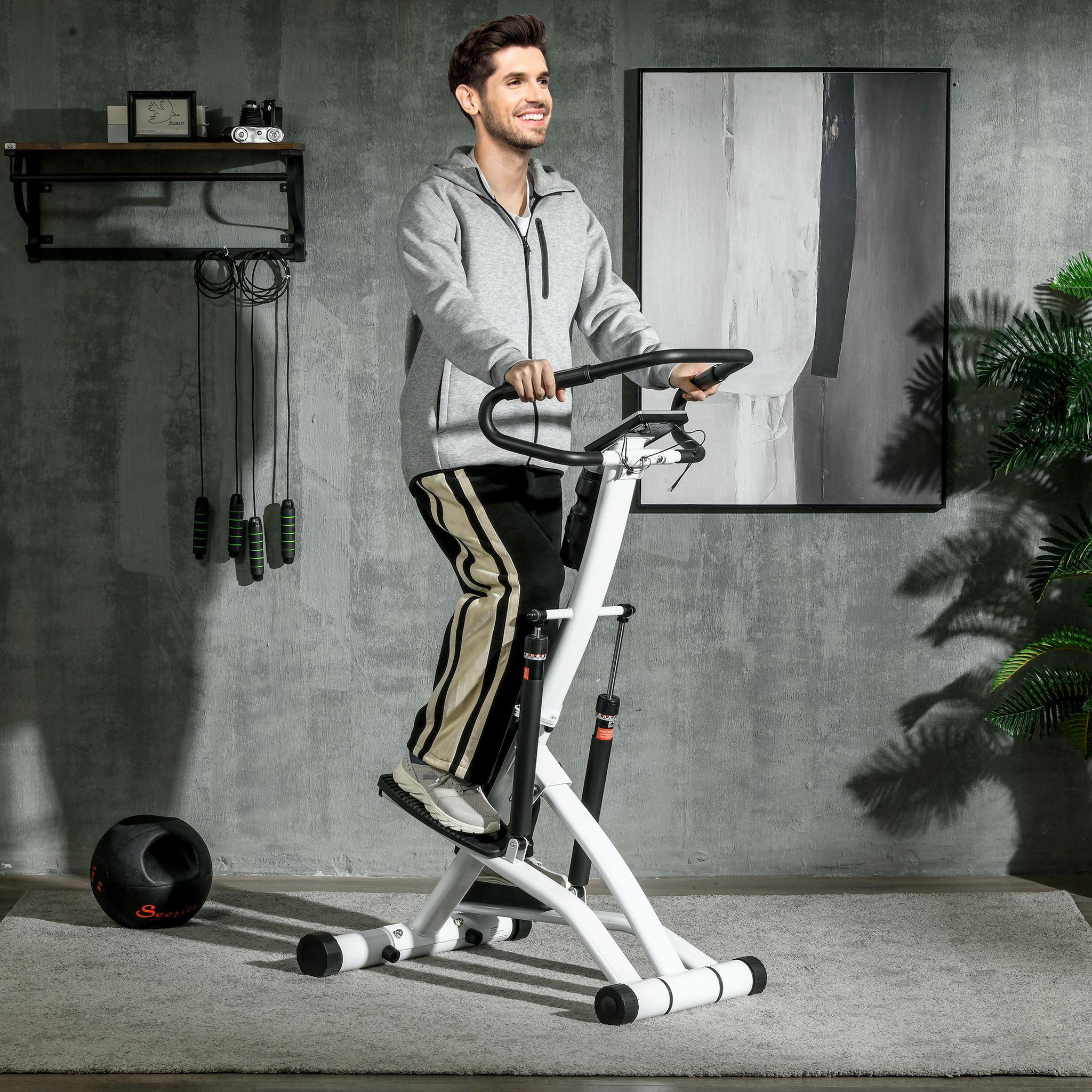 Voir la diapositive 4 : HOMCOM Stepper fitness pliable réglable - stepper avec guidon écran lcd multifonction porte-bouteille 2 roulettes acier blanc