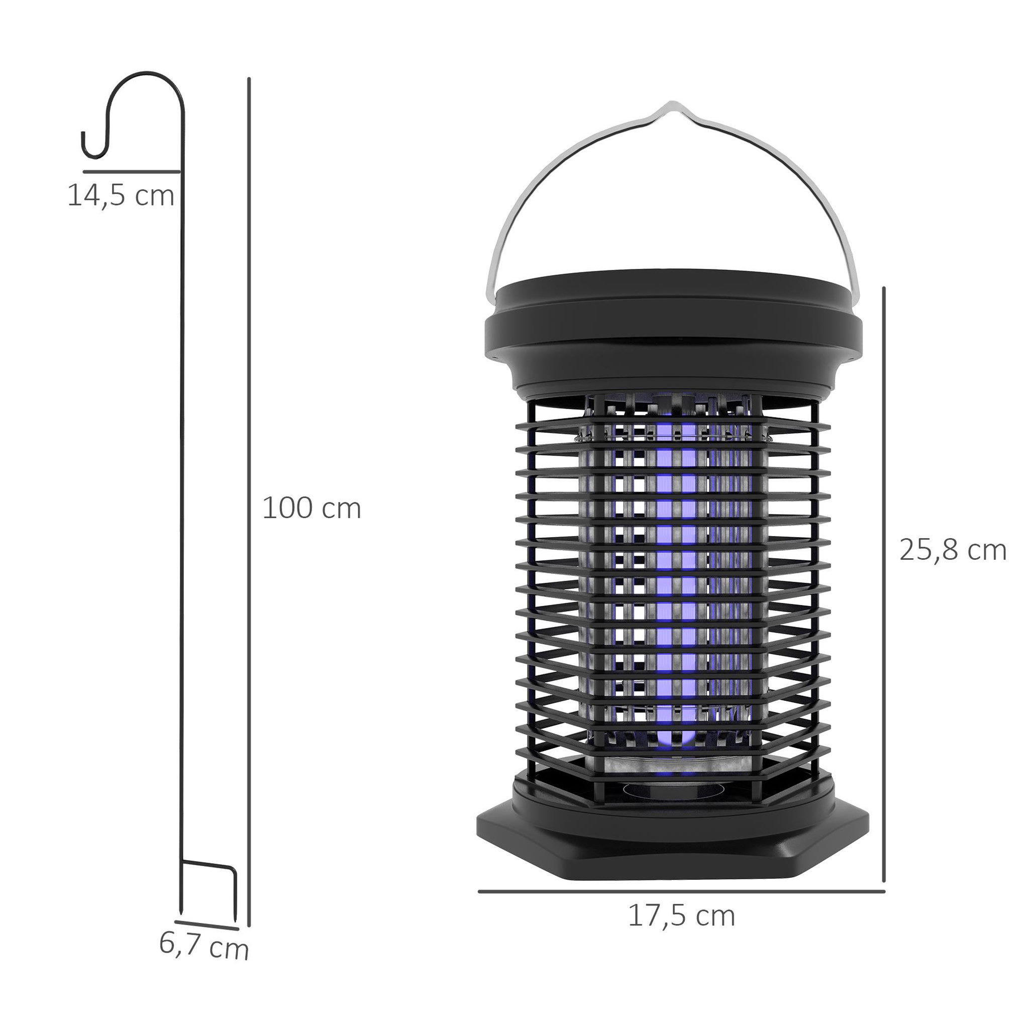 Voir la diapositive 3 : OUTSUNNY Lampe anti-moustiques solaire rechargeable USB-C - destructeur d'insectes suspendu - noir