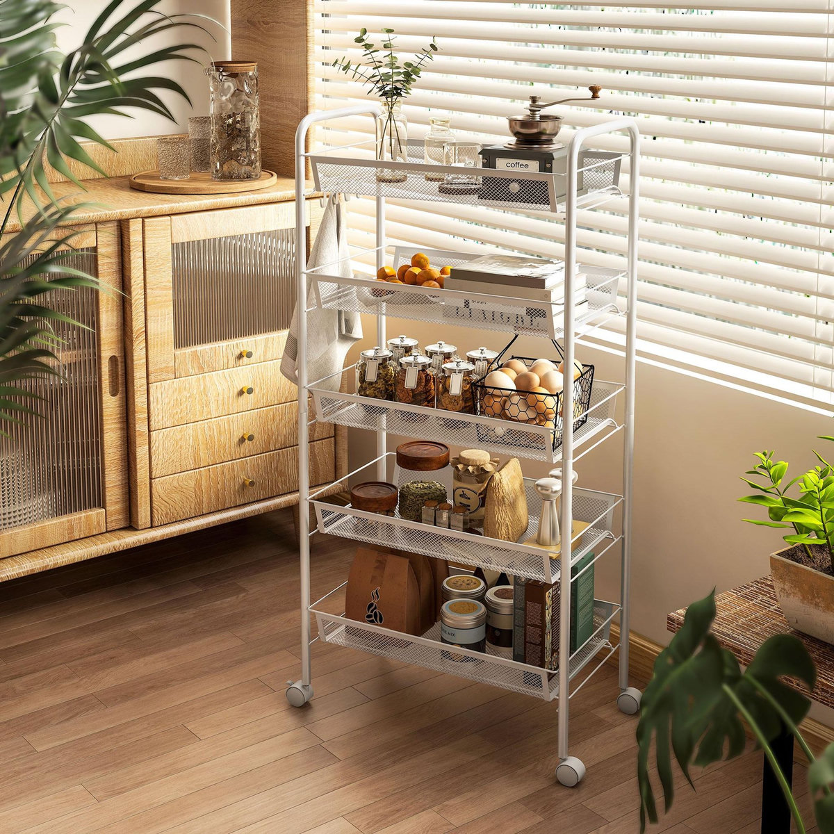 HOMCOM Chariot de service desserte de cuisine à roulettes 5 paniers métalliques amovibles 4 crochets acier