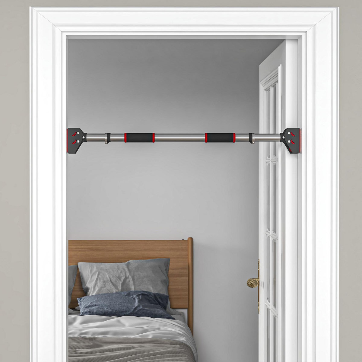 HOMCOM Barre de traction - barre de porte - pull up bar - barre d'étirement musculation pour cadres de porte sans vis - longueur ajustable (75-92cm)