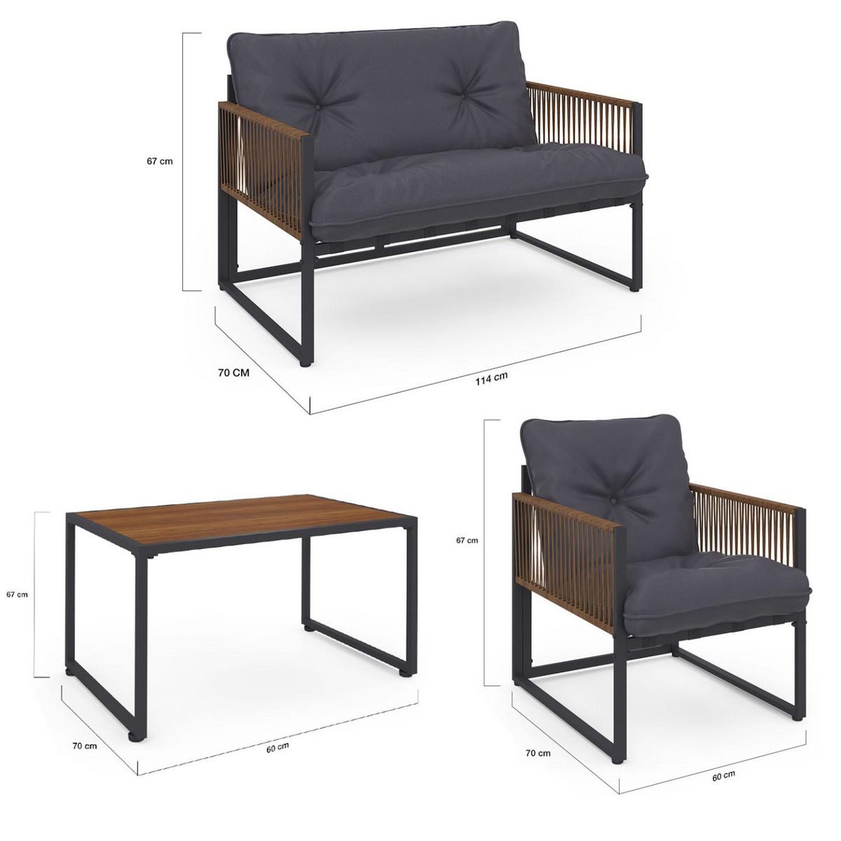 ID MARKET Salon de jardin bas RIO 4 places structure métal gris anthracite, cordage rotin et coussins gris