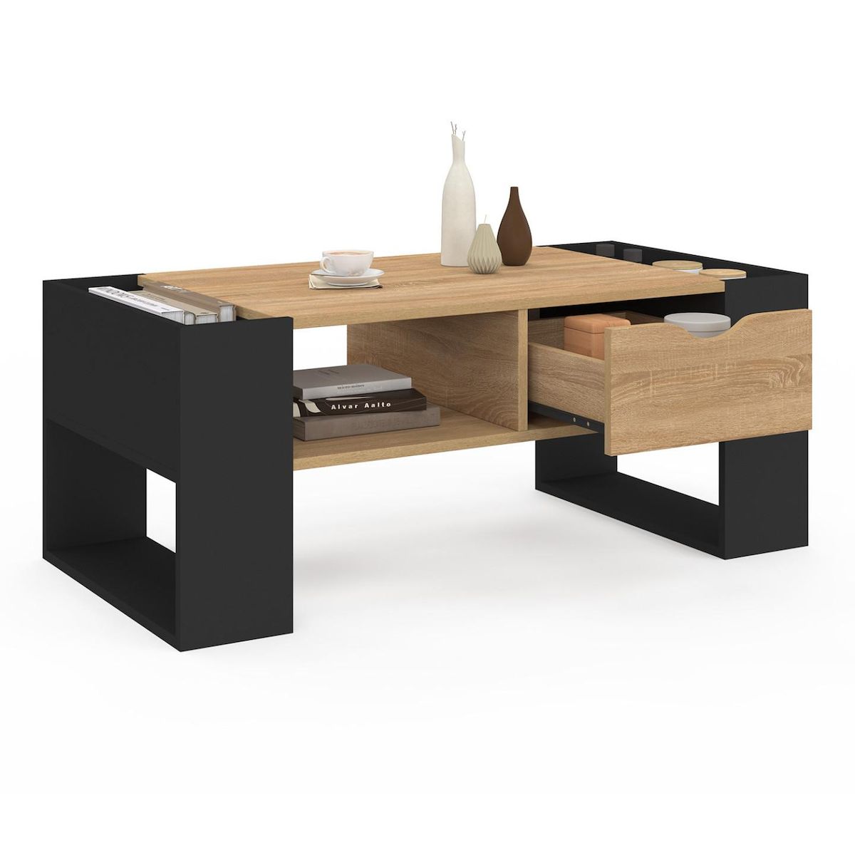 ID MARKET Table basse rectangulaire BERYL avec tiroir bois noir et façon hêtre
