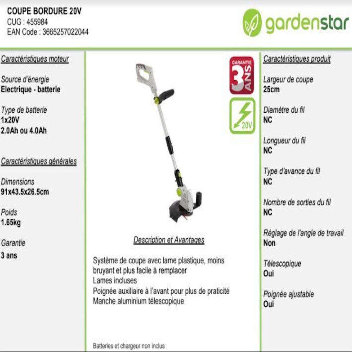 GARDENSTAR Coupe bordures télescopique 20 V