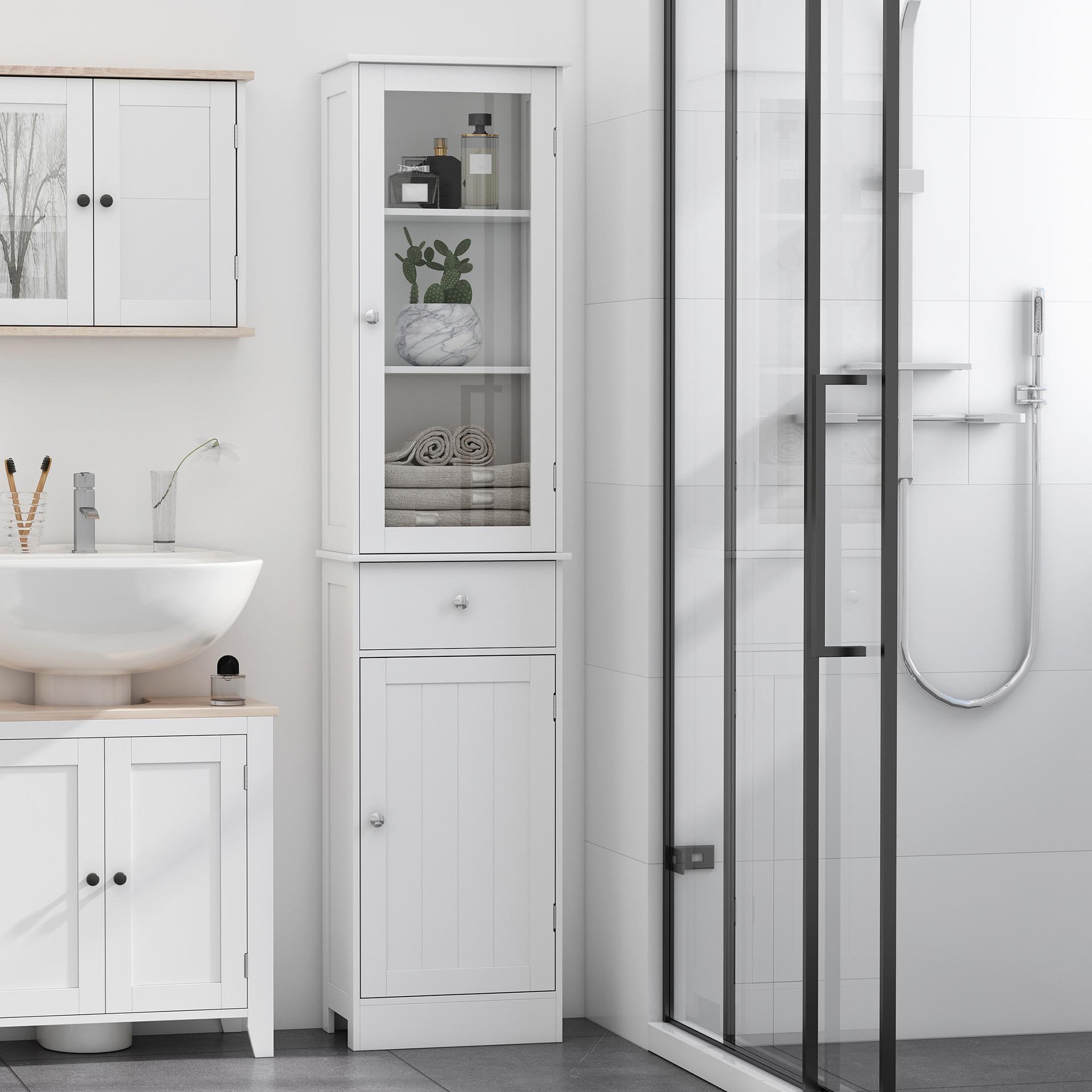 Voir la diapositive 4 : KLEANKIN Meuble colonne de salle de bain placard porte acrylique 2 étagères placard porte 1 étagère tiroir MDF blanc