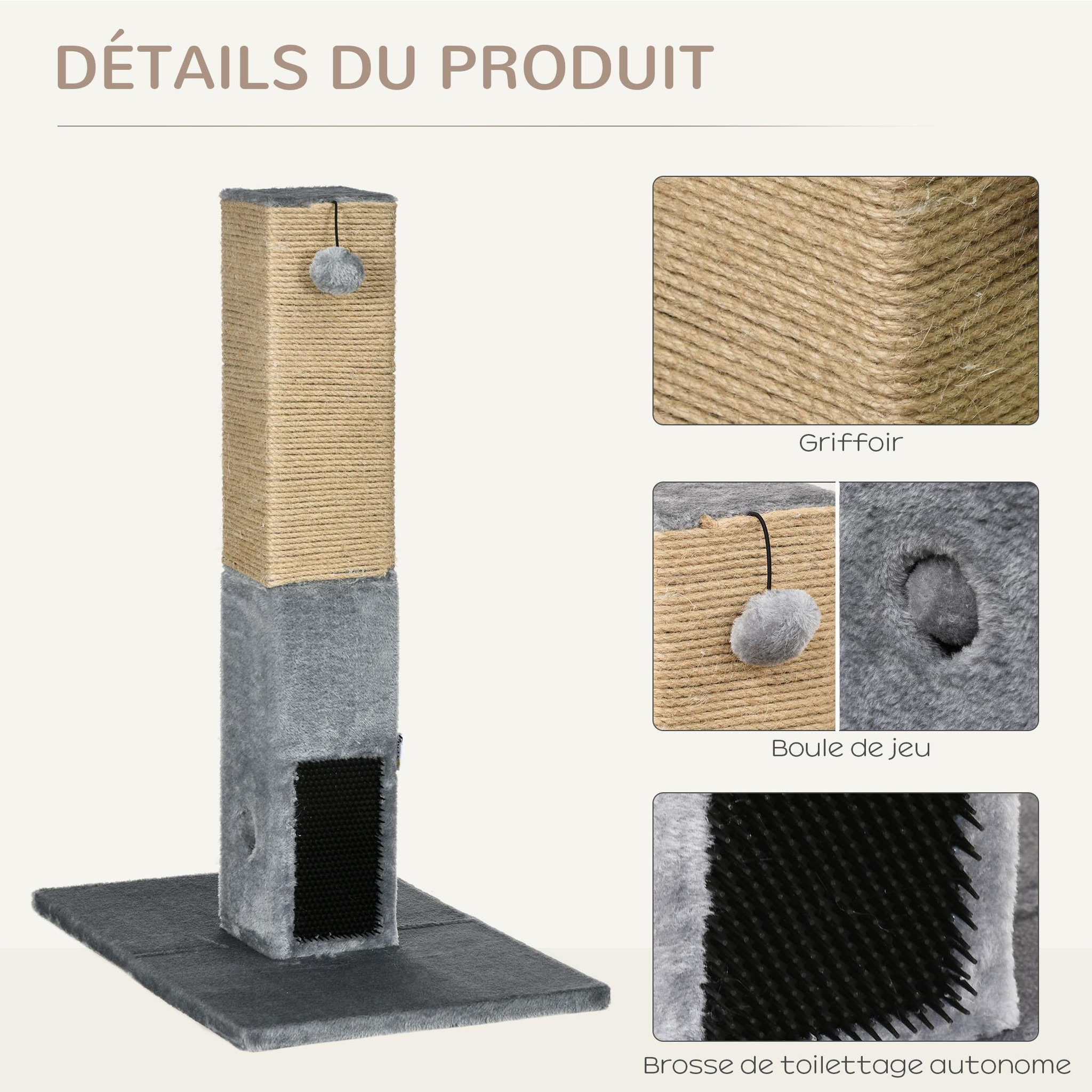 Voir la diapositive 6 : PAWHUT Griffoir chat h.79 cm - jeu boule suspendue et boule clochette, 2 bandes massantes - gris