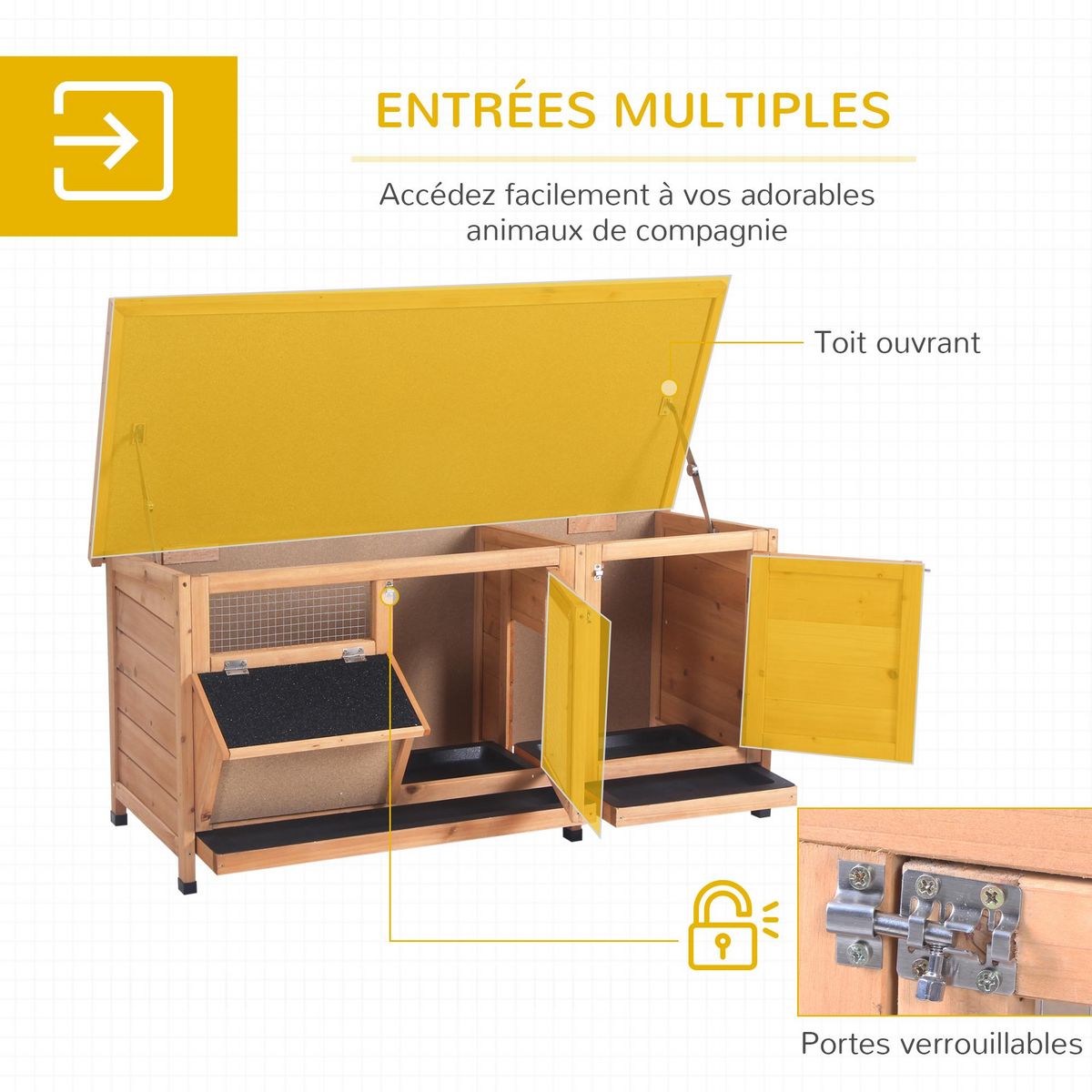 PAWHUT Clapier sur pieds - cage à lapin - 2 plateaux coulissants à excrément, 2 portes verrouillables, toit bitumé ouvrant, râtelier à foin - bois sapin pré-huilé