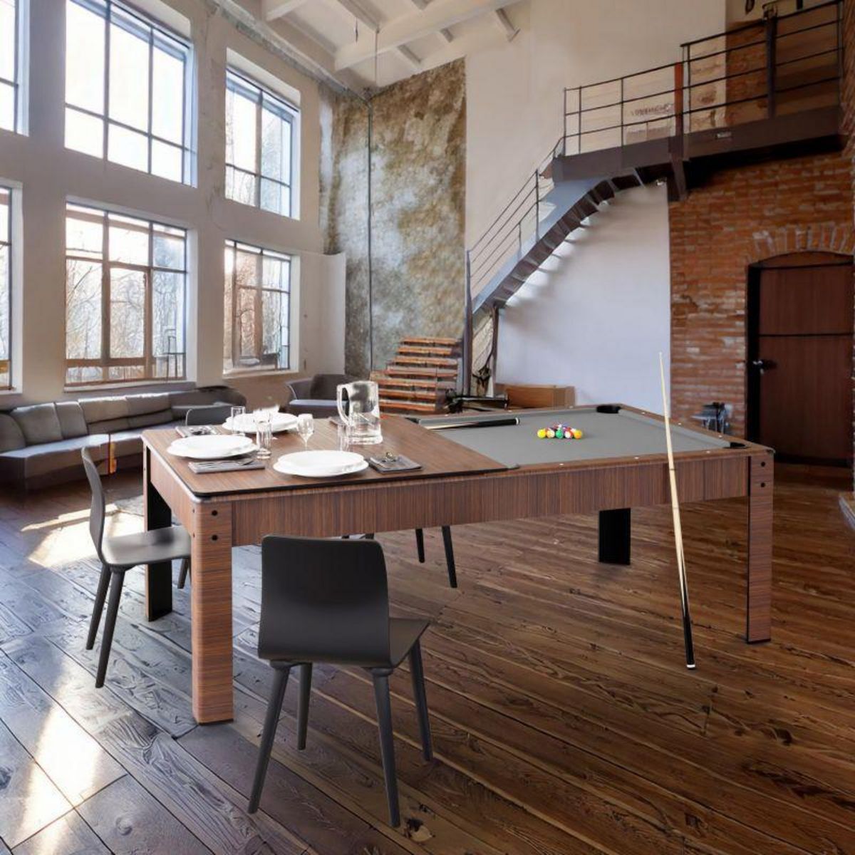 SOKKER Billard Américain convertible table 8 places KITBILL 7Ft- 226,5 x 126,5 x 80cm Plateau dînatoire et accessoires inclus - Marron