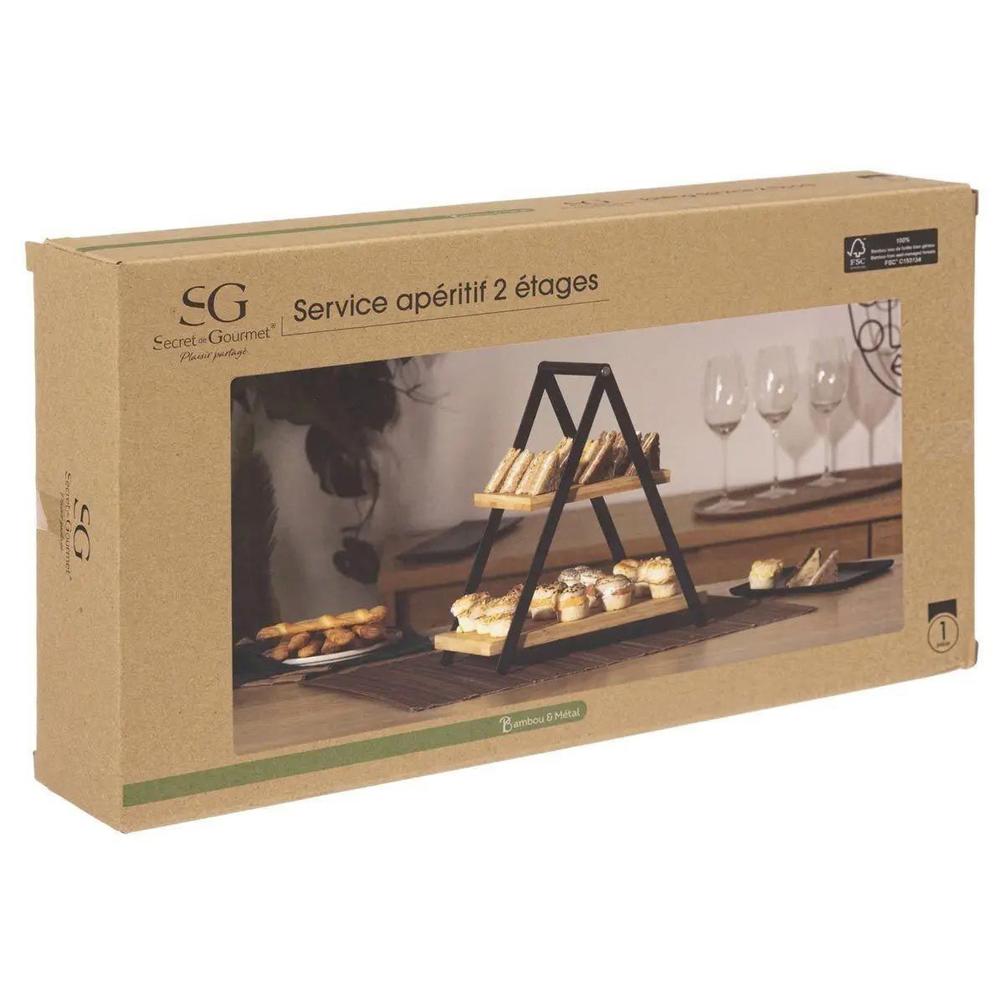 Voir la diapositive 2 : SECRET DE GOURMET Service apéritif 2 étages  bambou  29cm naturel