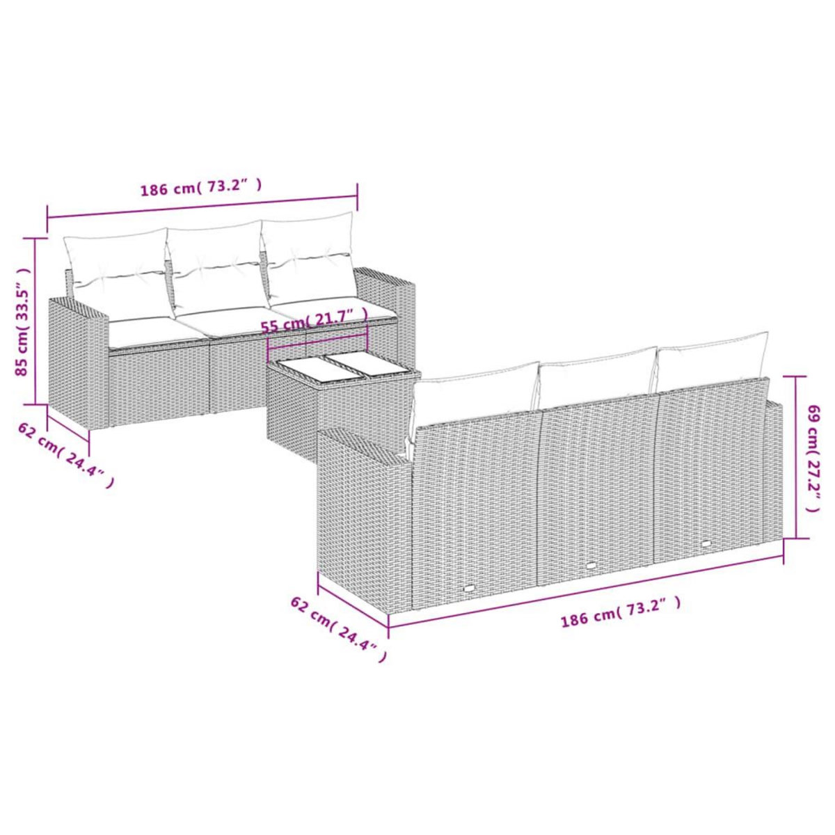 VIDAXL Salon de jardin avec coussins 7 pcs marron resine tressee
