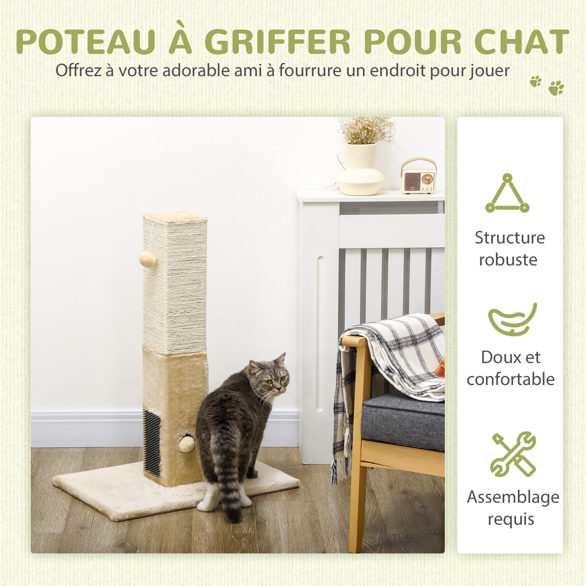 Voir la diapositive 4 : PAWHUT Griffoir chat h.79 cm - jeu boule suspendue et boule clochette, 2 bandes massantes - beige
