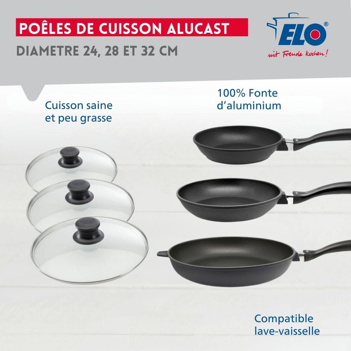 ELO Set de 3 poêles 24 cm 28 cm et 32 cm et couvercles sans PFAS Elo Alucast