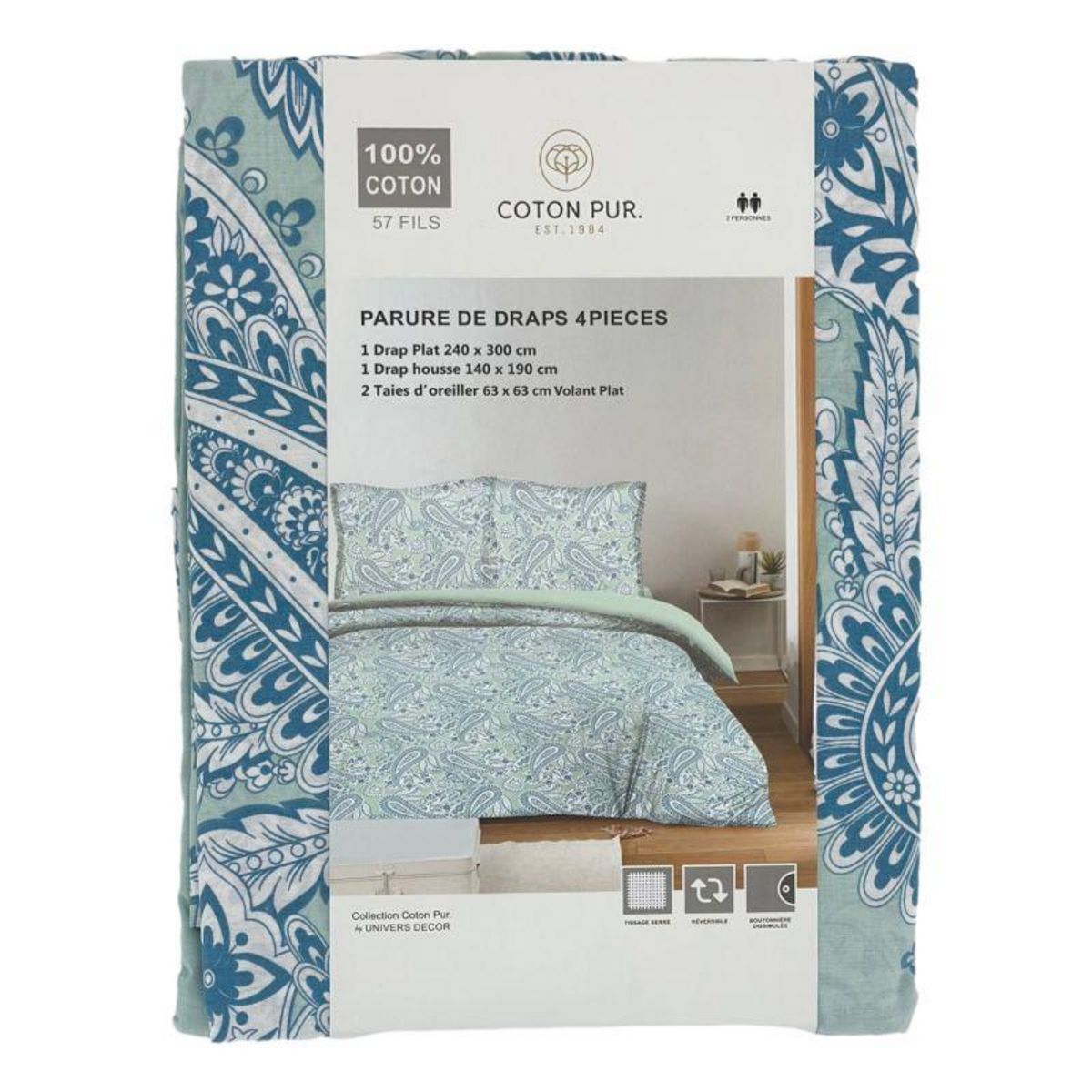 COTON PUR Parure de draps 4 pièces pour lit 140 x 190 cm Cachemire bleu