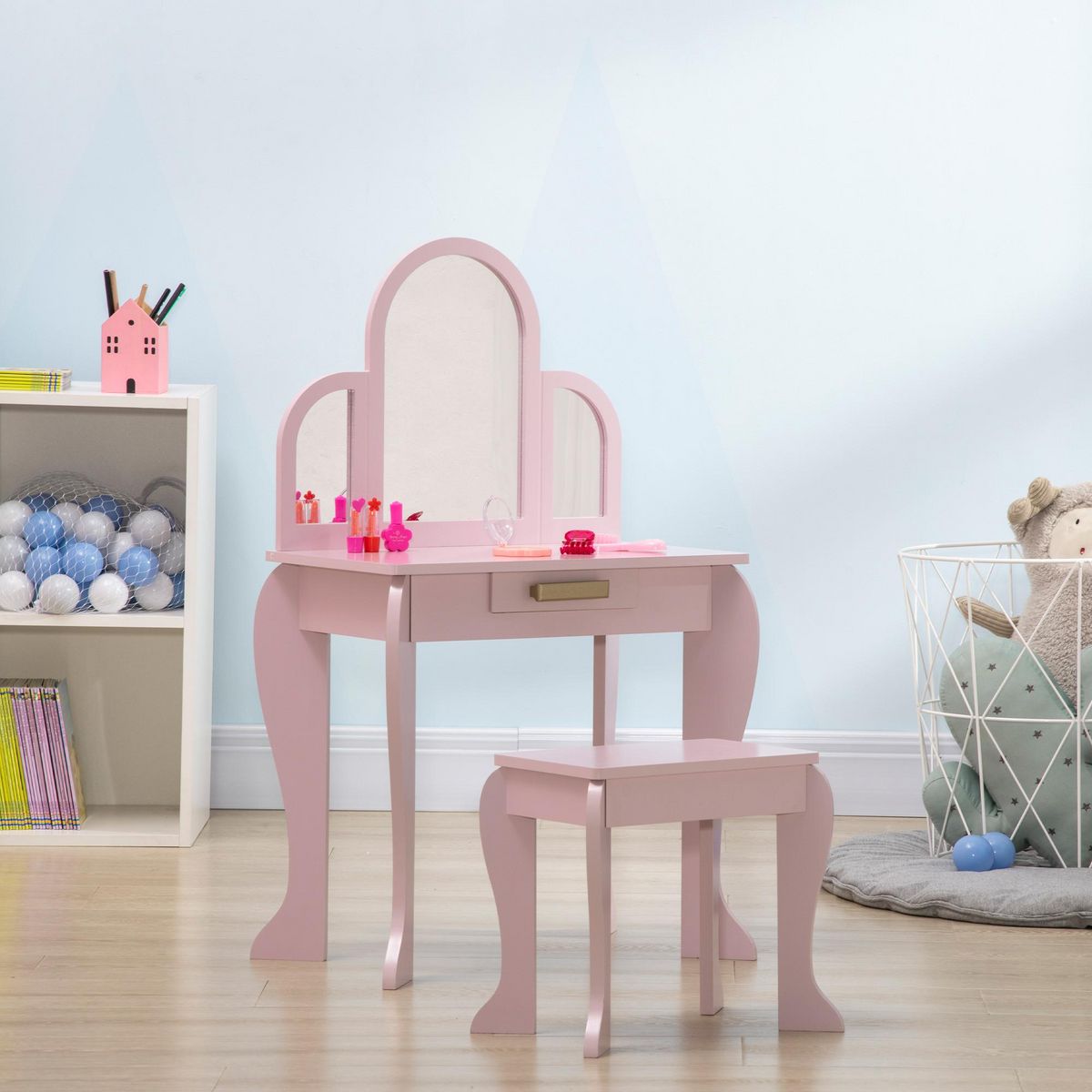 HOMCOM Coiffeuse enfant design girly - tabouret inclus - dim. 52L x 32l x 85H cm - tiroir, 3 miroirs - MDF bois de pin - rose poudré