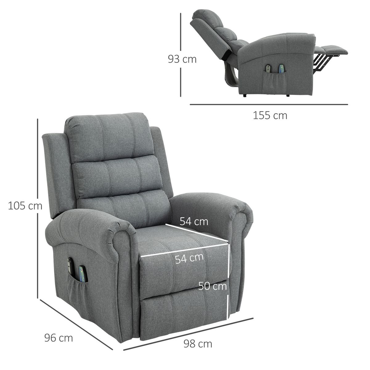 HOMCOM Fauteuil de massage fauteuil releveur électrique inclinaison réglable repose-pied ajustable lin gris chiné