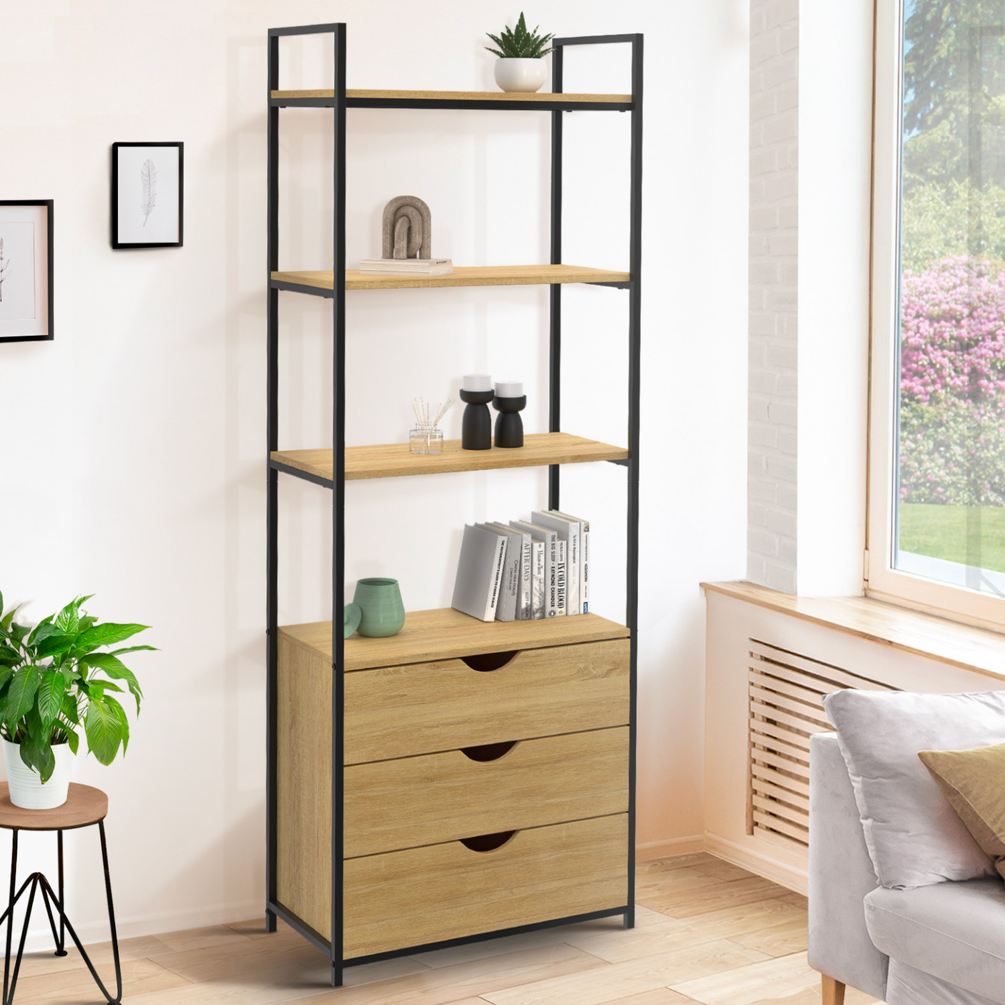 Voir la diapositive 2 : ID MARKET Etagère bibliothèque 4 niveaux avec 3 tiroirs DETROIT design industriel 170 cm