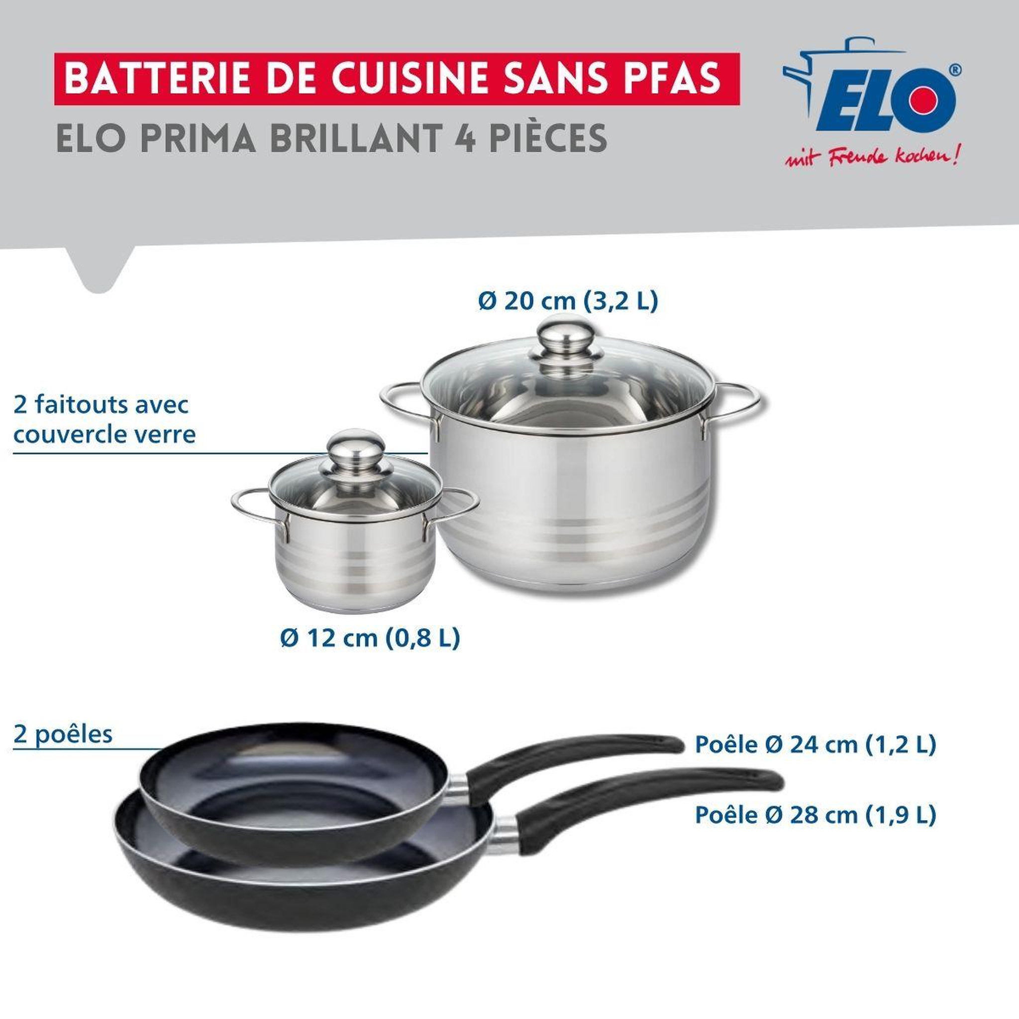 Voir la diapositive 2 : ELO Ensemble de 2 poêles de cuisson 24 et 28 cm et 2 faitouts 12 et 20 cm elo prima brillant