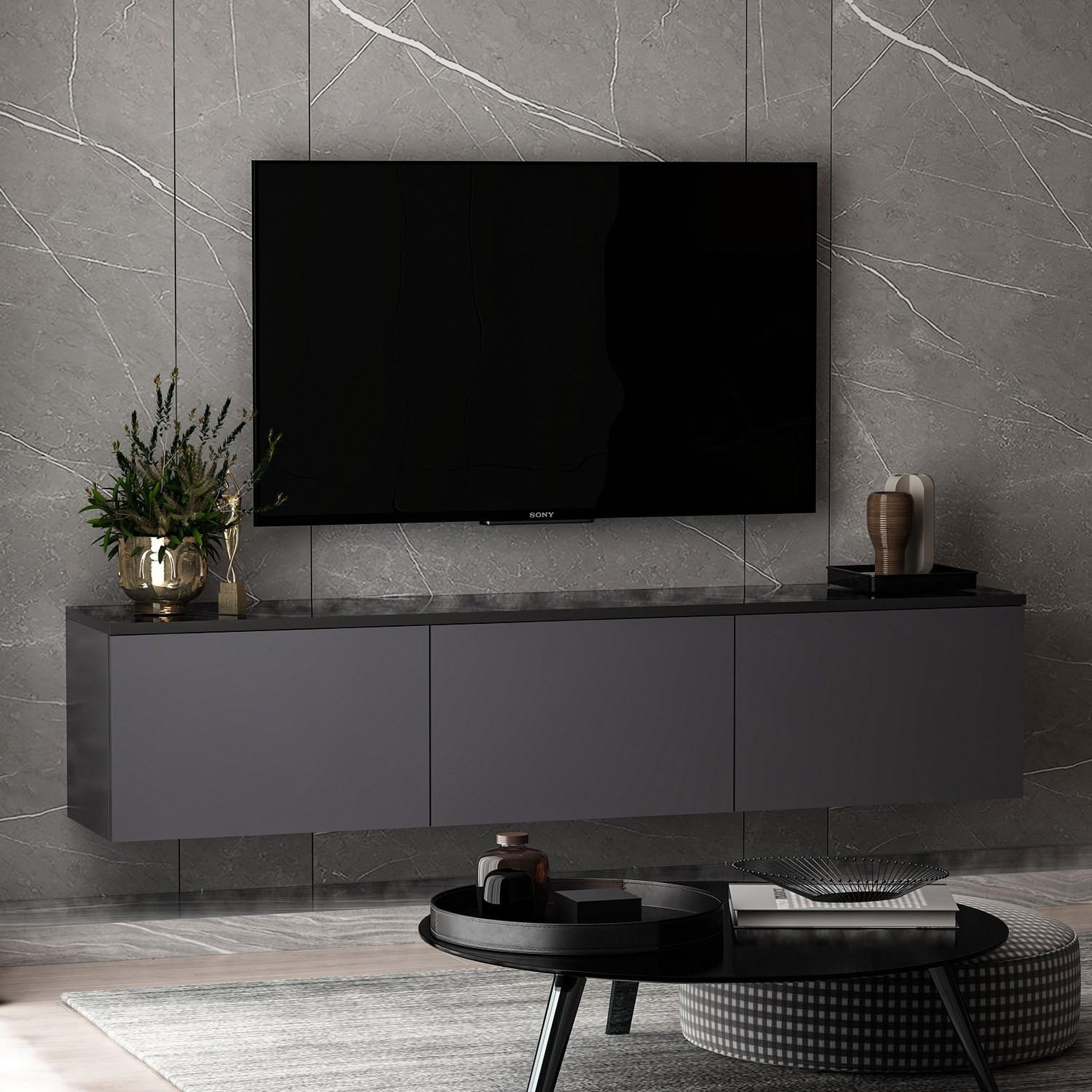 Voir la diapositive 2 : Habitat et Jardin Meuble tv suspendu en bois avec éclairage led  neon  - 160 x 32 x 35 cm - gris anthracite