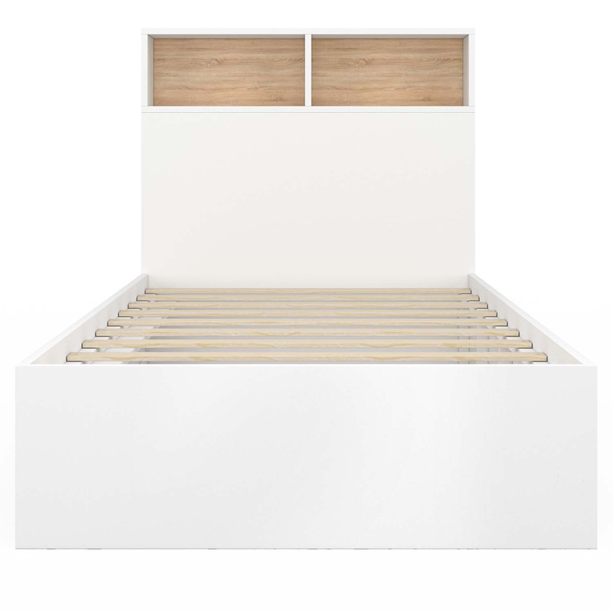 Voir la diapositive 3 : ID MARKET Lit simple clem avec rangement, tête de lit et sommier 90 x 190 cm blanc et hêtre