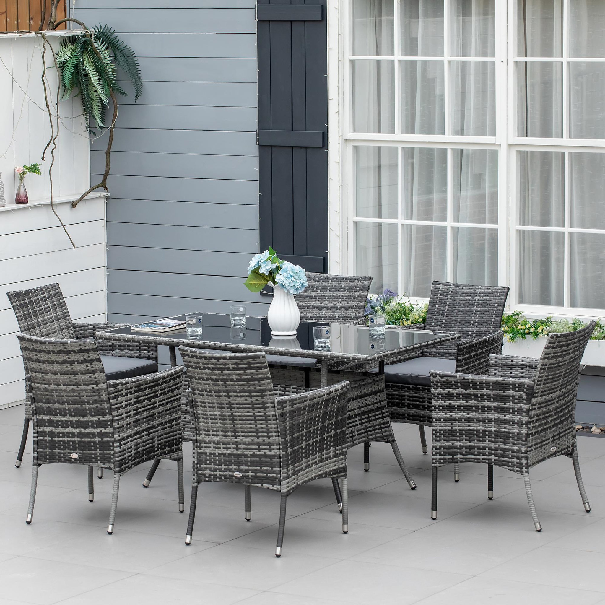 Voir la diapositive 2 : OUTSUNNY Outsunny Ensemble salon de jardin 6 personnes - grande table rectangulaire, 6 fauteuils - 6 coussins d'assise déhoussables inclus - métal époxy verre trempé 5 mm résine tressée grise