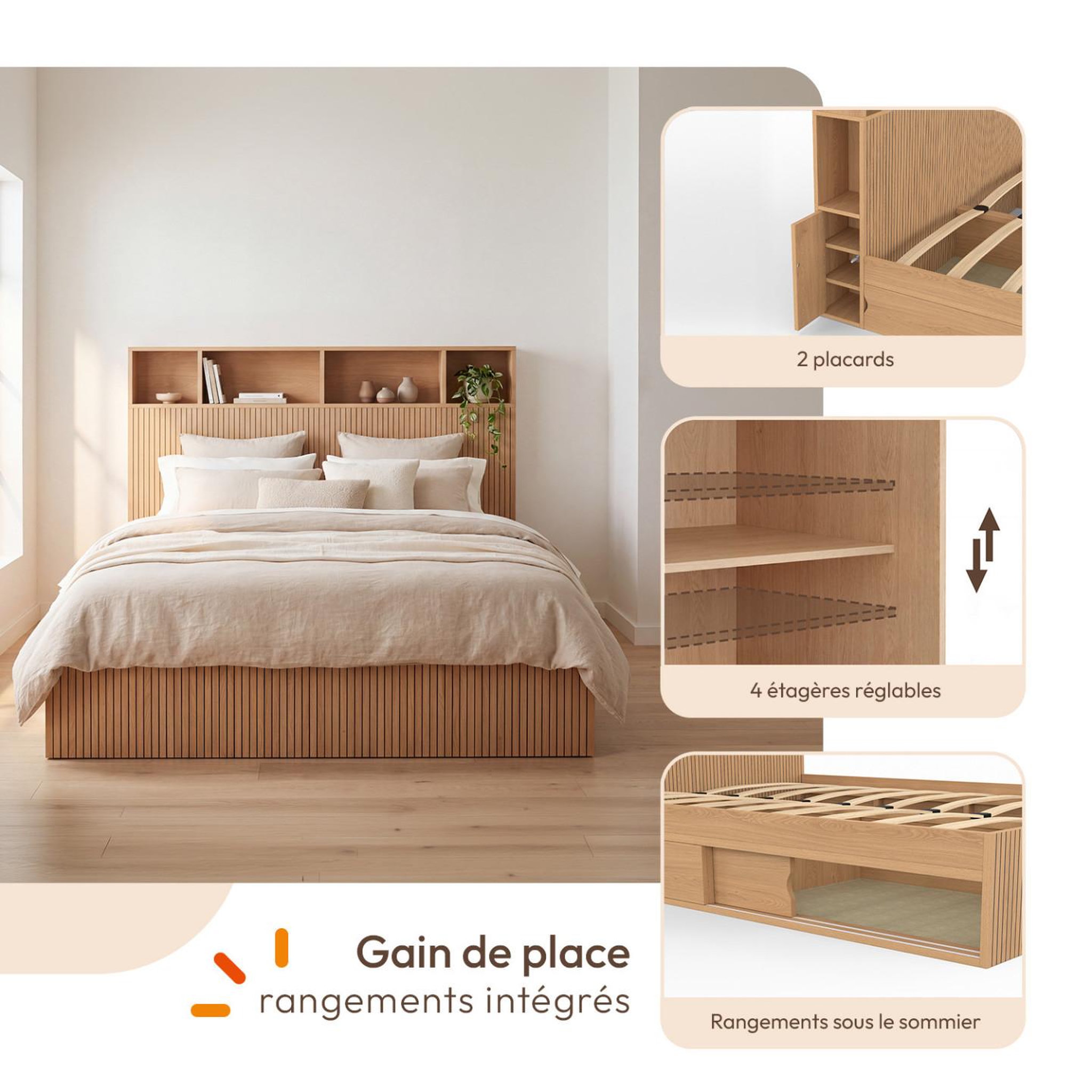 Voir la diapositive 3 : ID MARKET Lit double JULIETTE avec rangements + tête de lit et sommier 140 x 190 cm effet lattes tasseau bois