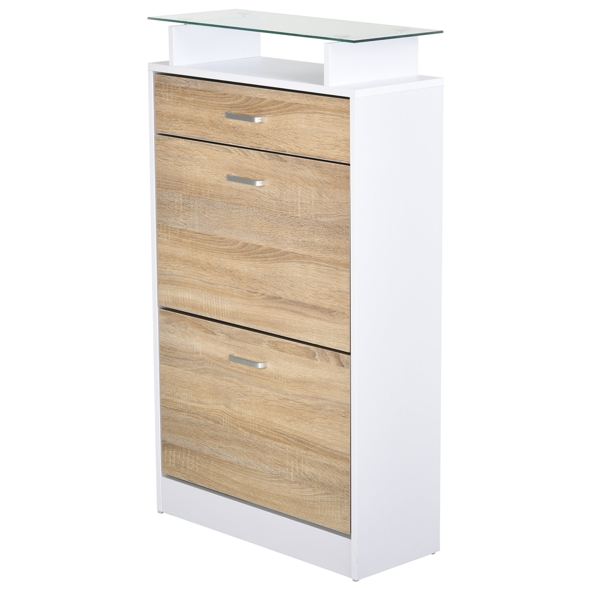 Voir la diapositive 1 : HOMCOM Armoire à chaussures organisateur de luxe pour chaussures 2 portes abattantes 2 compartiments, tiroir, étagère verre panneaux particules chêne blanc