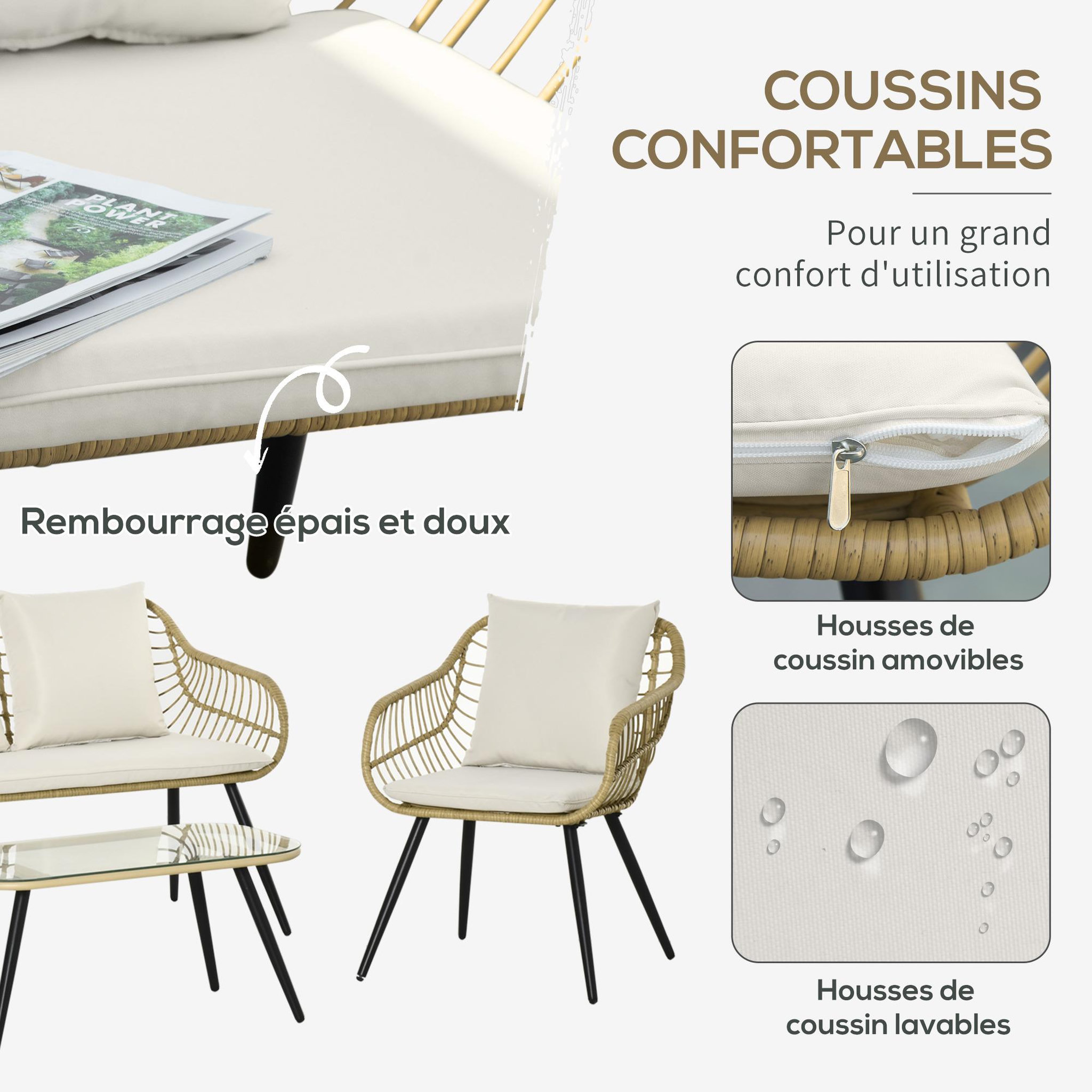 Voir la diapositive 5 : OUTSUNNY Salon de jardin 4 pers. 4 pièces style exotique métal époxy noir résine imitation bambou coussins grand confort inclus polyester beige