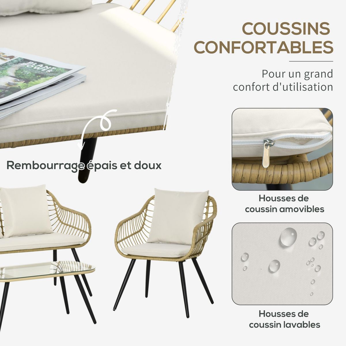 OUTSUNNY Salon de jardin 4 pers. 4 pièces style exotique métal époxy noir résine imitation bambou coussins grand confort inclus polyester beige