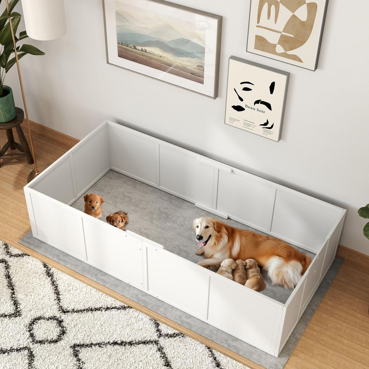 PAWHUT Parc de mise bas pour chien - caisse de mise bas pour chien - hauteur porte réglable - bois pin MDF blanc