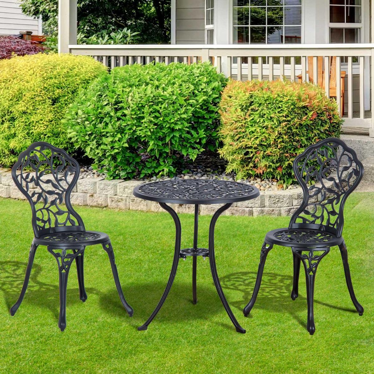 OUTSUNNY Ensemble salon de jardin 2 places avec table ronde style rétro fonte alu noir