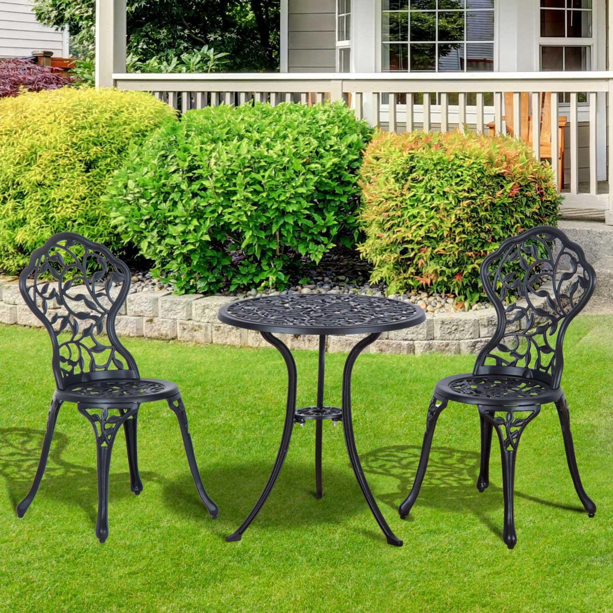 OUTSUNNY Ensemble salon de jardin 2 places avec table ronde style rétro fonte alu noir