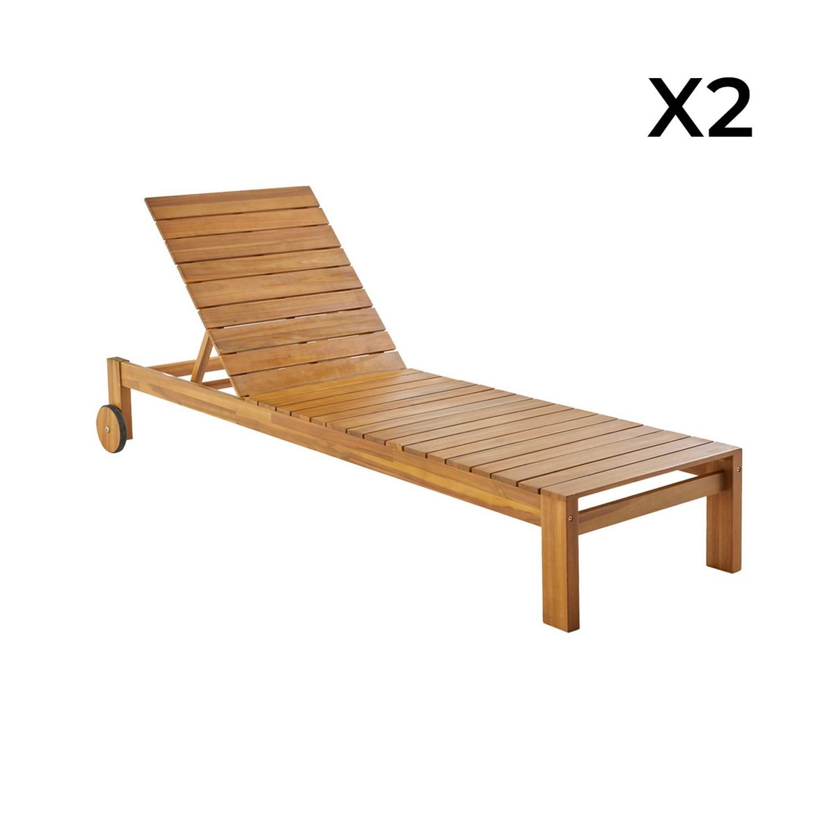 SWEEEK Lot de 2 bains de soleil FAVONA en bois d'acacia avec roulettes. 205 x 67.5 x 32 cm