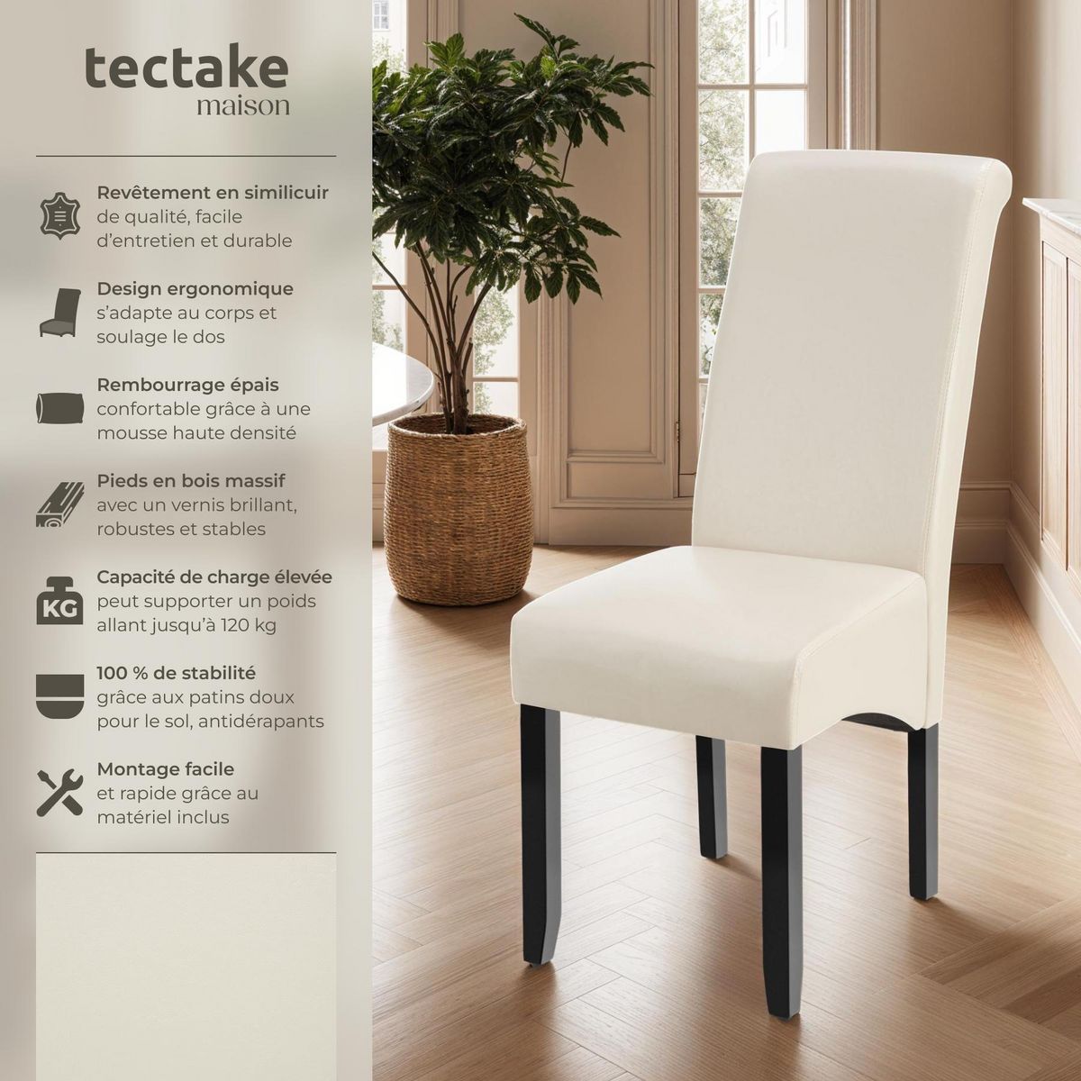 tectake Chaise de salle à manger avec revêtement en cuir synthétique crème Lot de 2