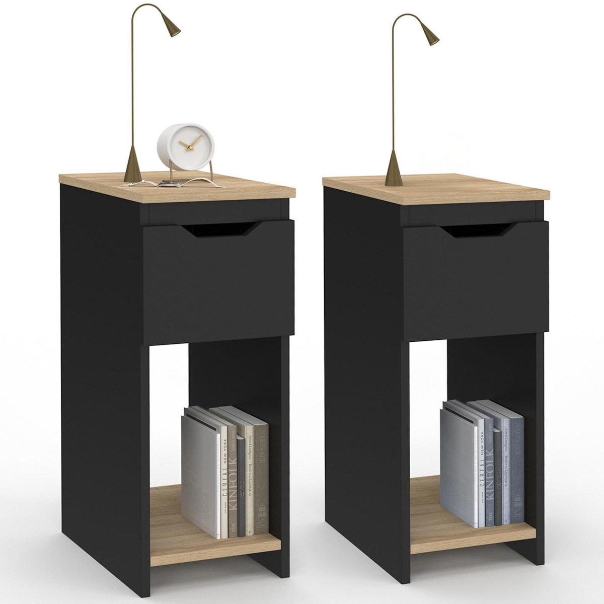 ID MARKET Lot de 2 tables de chevet étroites ANOUK 1 tiroir avec niche noir et bois