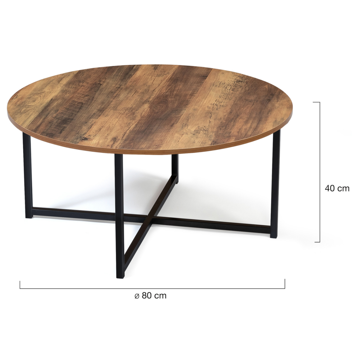 ID MARKET Table basse ronde HAWKINS 80 cm bois foncé design industriel