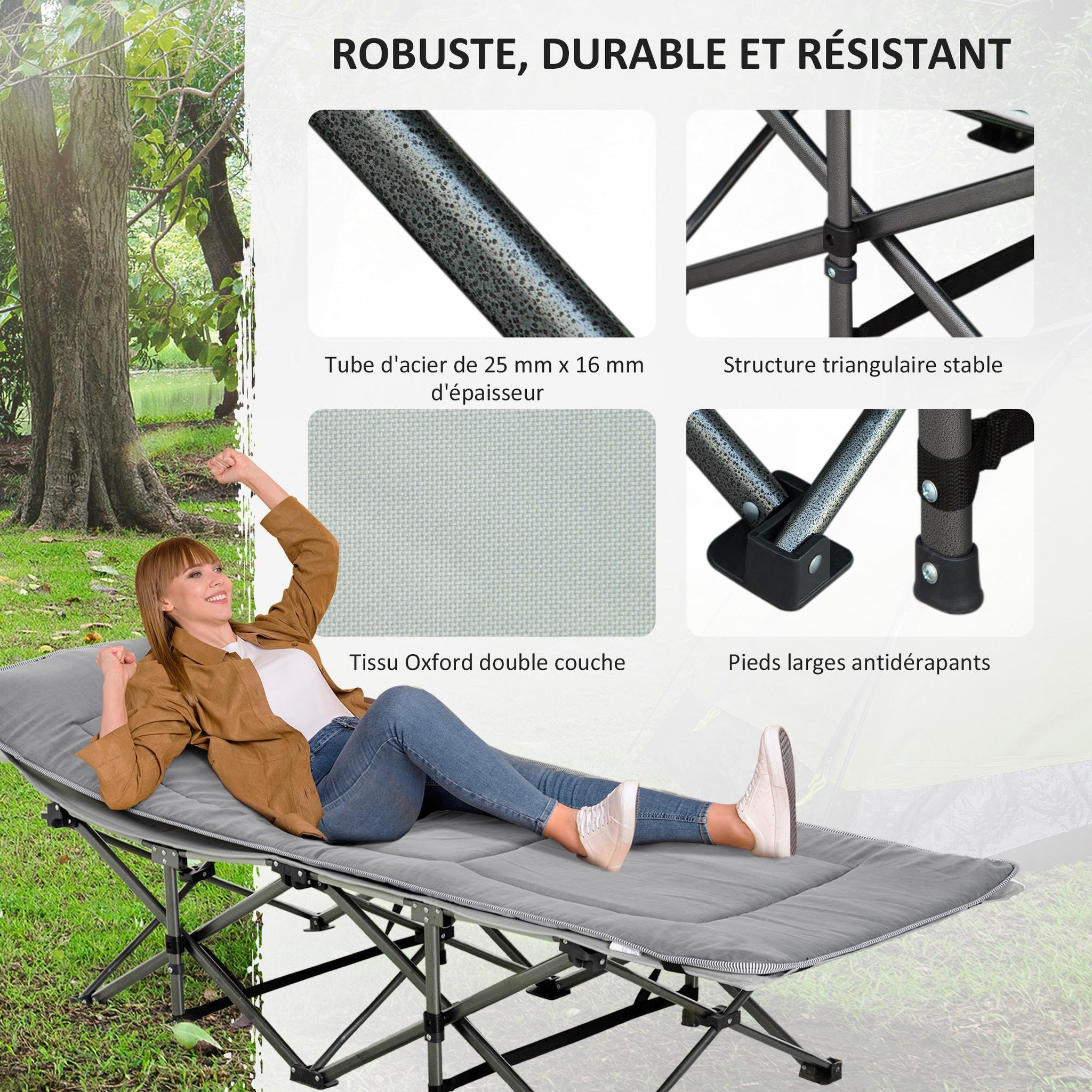 Voir la diapositive 4 : OUTSUNNY Lit de camp lit d'appoint pliable - pochette rangement, tétière, sac de transport, matelas inclus métal Oxford gris