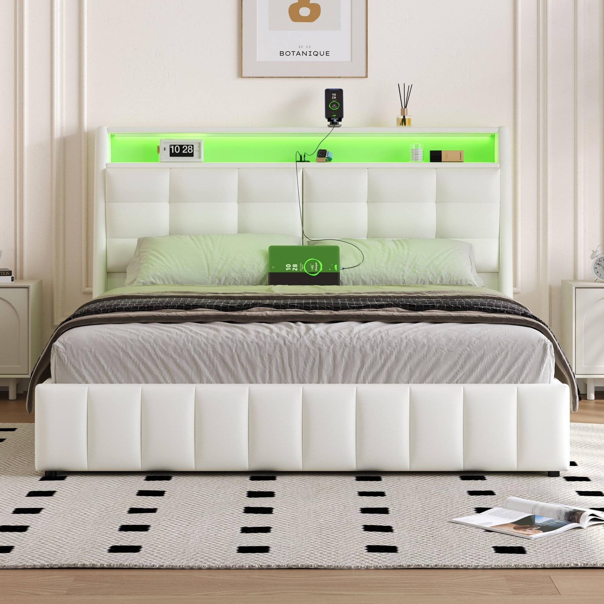 Voir la diapositive 4 : MERAX Lit coffre rembourré 160x200 cm coloris blanc led mdf