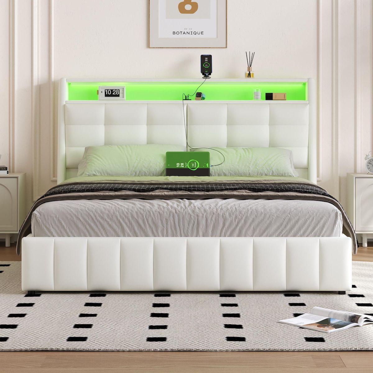 MERAX Lit coffre rembourré 160x200 cm coloris blanc led mdf