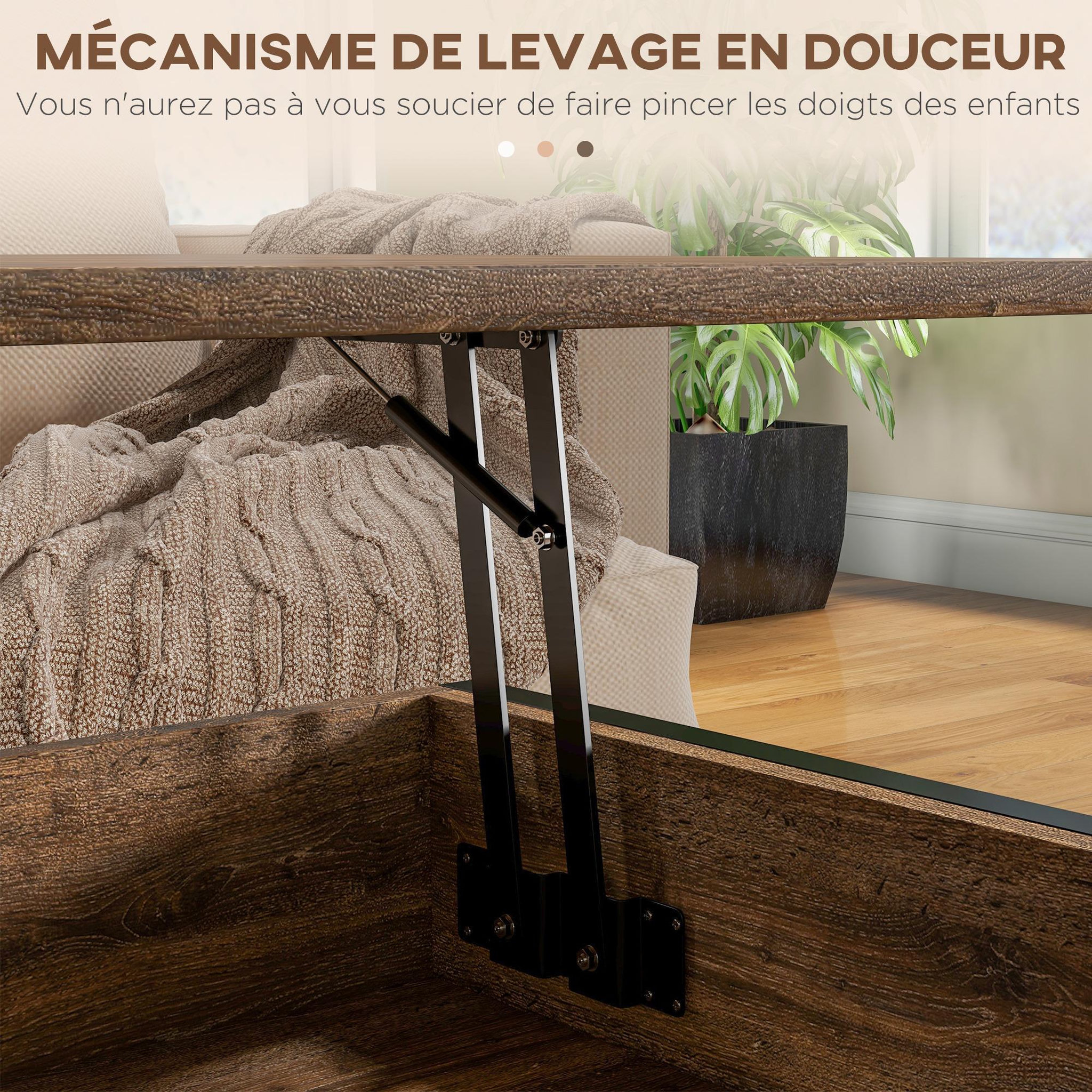 Voir la diapositive 6 : HOMCOM Table basse relevable - étagère inférieure, coffre de rangement - dim. 100L x 80l x 60H cm - aspect bois rustique noir