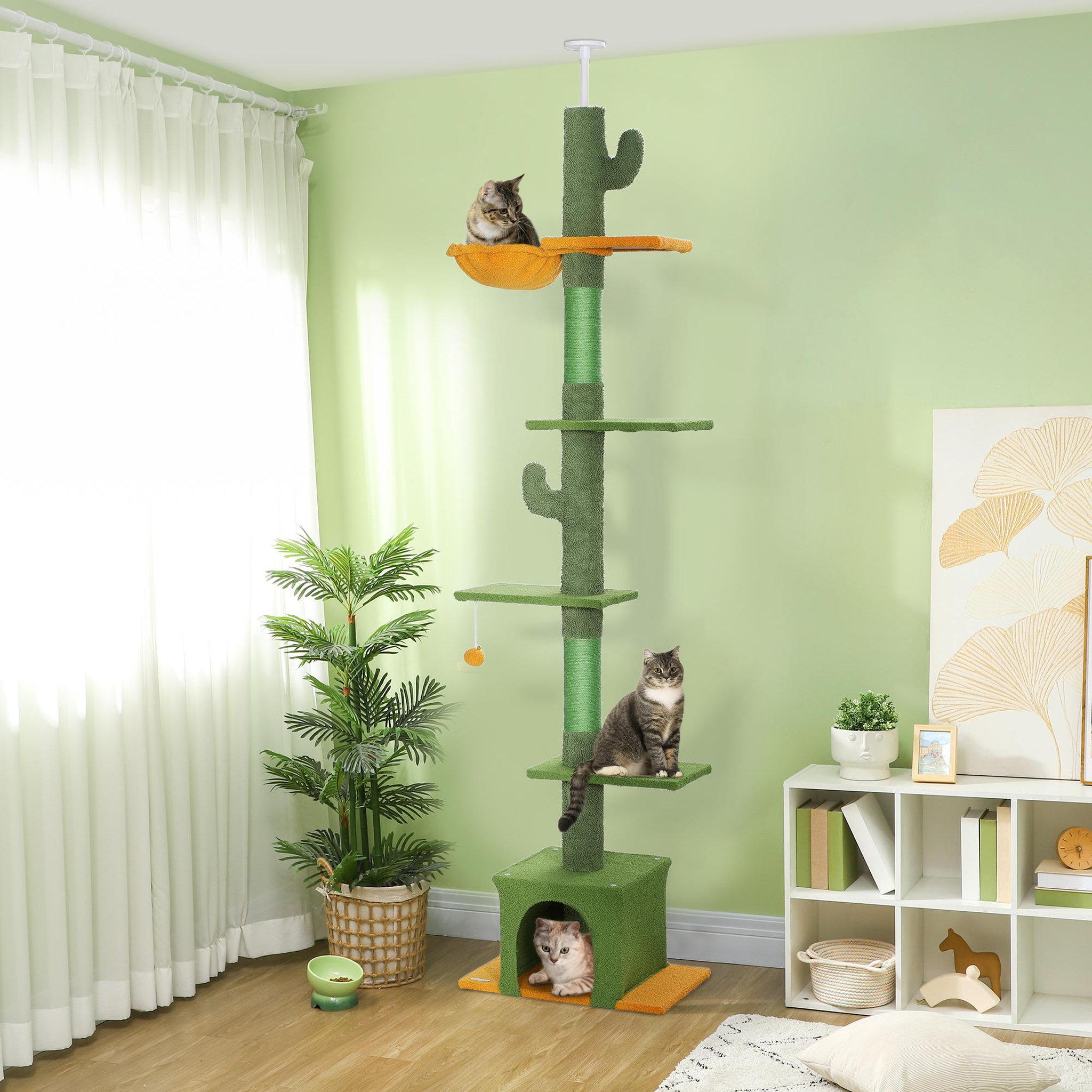 Voir la diapositive 2 : PAWHUT Arbre à chat cactus du sol au plafond - h. Réglable 230-275 cm - 6 niv. Équipement multiple - vert
