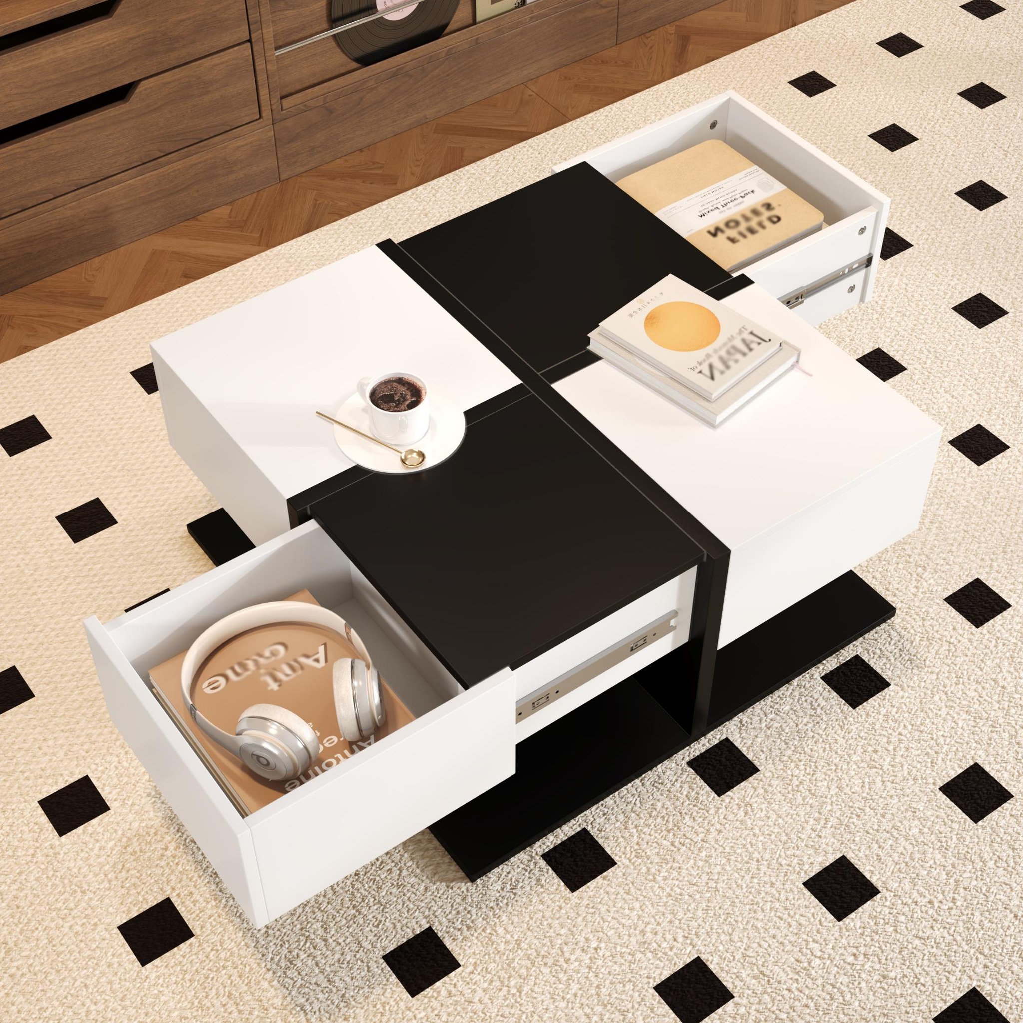 Voir la diapositive 5 : MERAX Table basse carrée noir+blanc avec 2 tiroirs - 70x70 cm panneau de particules