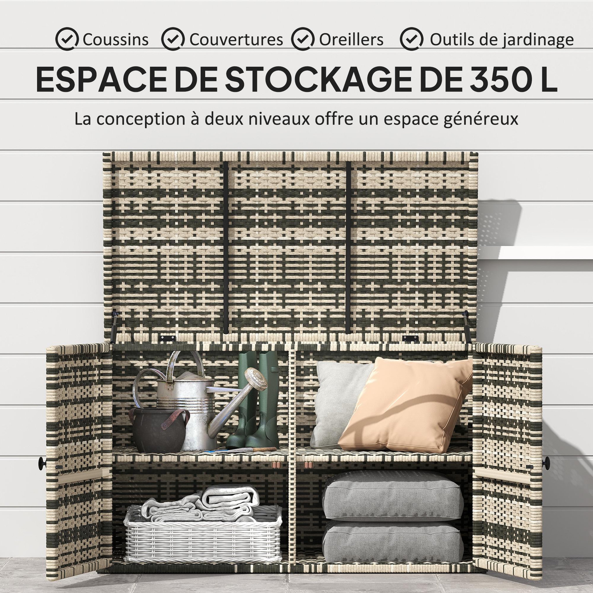 Voir la diapositive 4 : OUTSUNNY Coffre de jardin 3 portes étagère 350L dim. 118 x 57 x 69 cm résine tressée camaïeu de gris