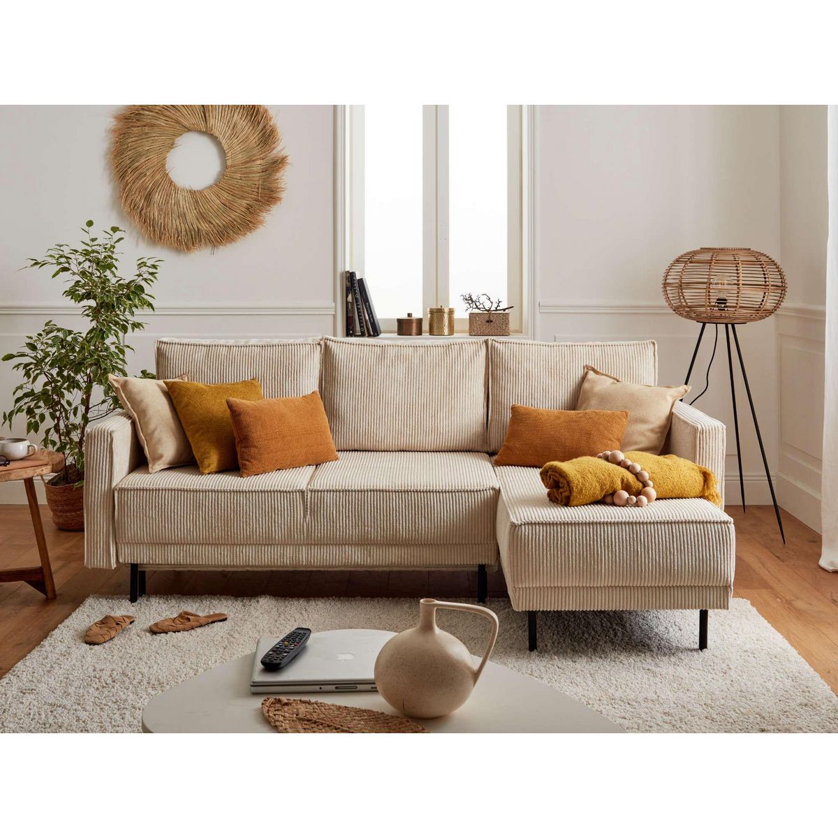 LISA DESIGN Charlie - canapé d'angle réversible - 4 places - convertible avec coffre - en velours côtelé