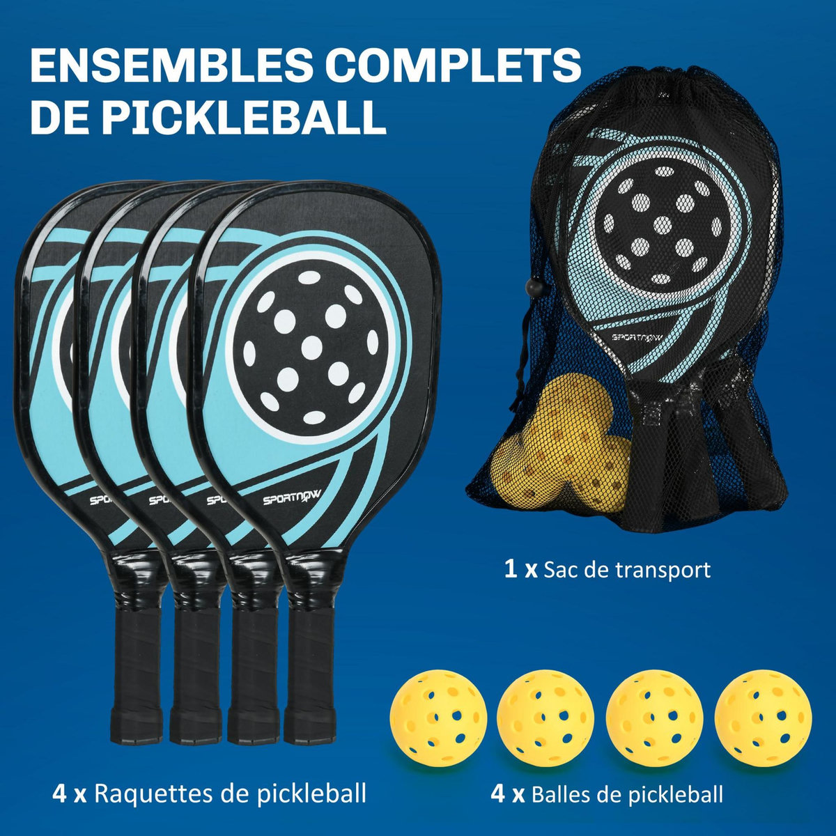 HOMCOM Lot de 4 raquettes de pickleball 4 balles jaune et sac de transport bleu noir