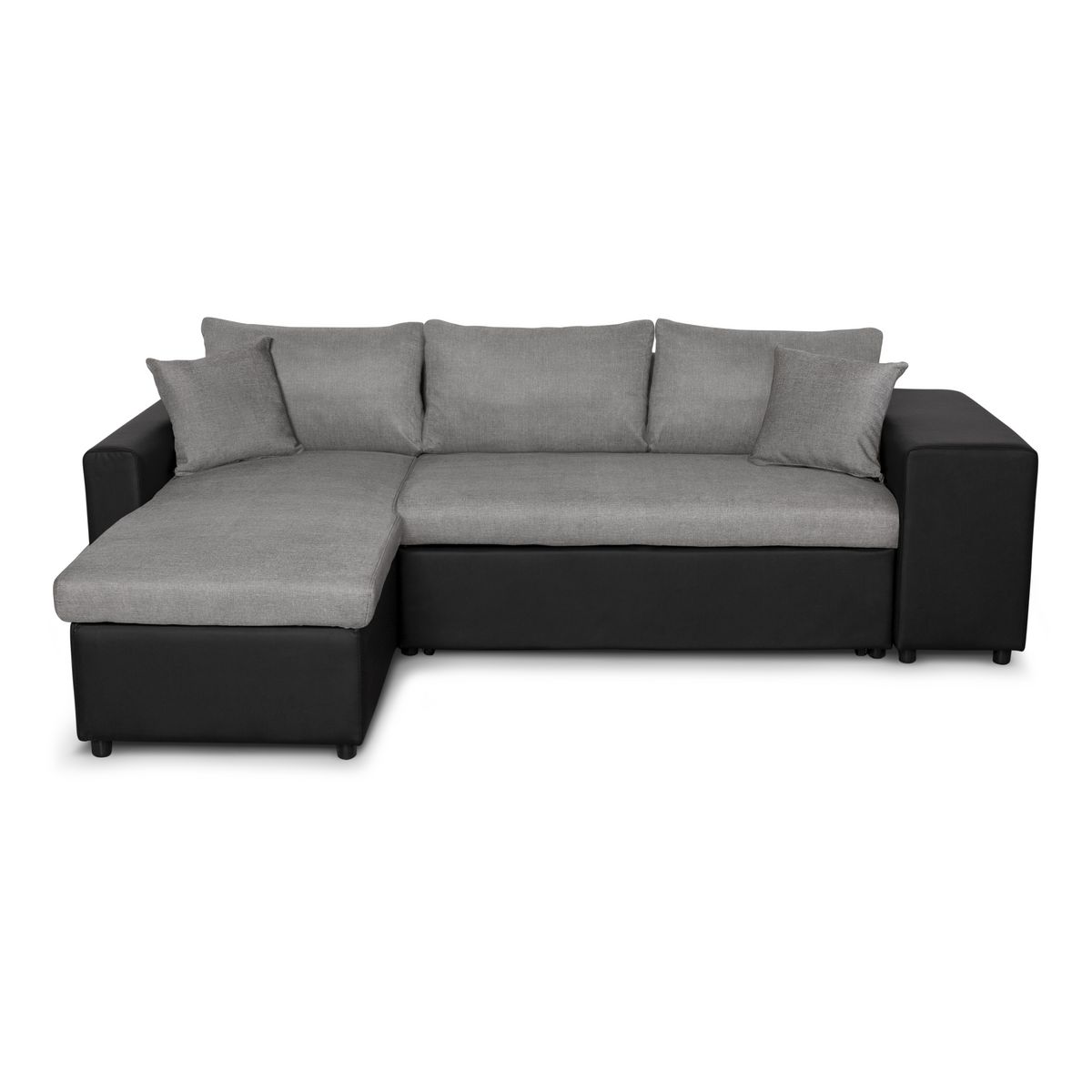 Canapé d'angle réversible convertible avec coffre + 2 poufs avec niche fixe à droite ANETTA