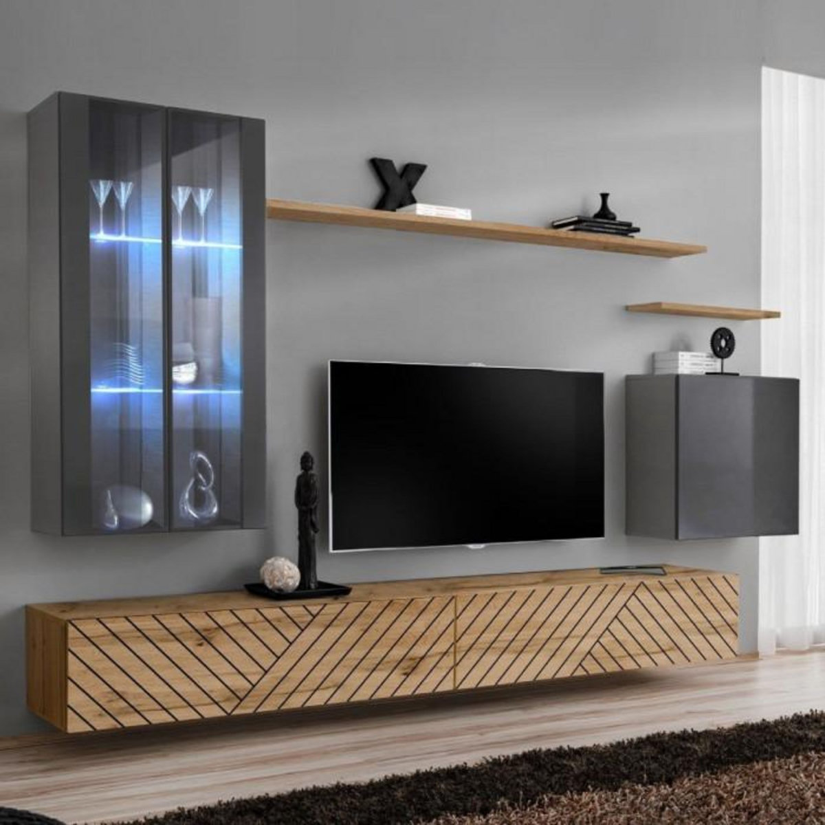 Paris Prix Ensemble Meuble TV  Switch Lamel XII  270cm Naturel & Gris