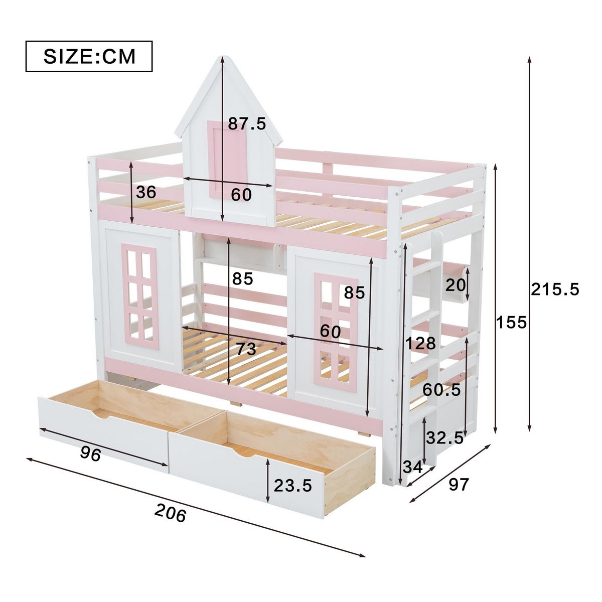 MERAX Lit superposé 90x200cm bois et mdf coloris blanc+rose